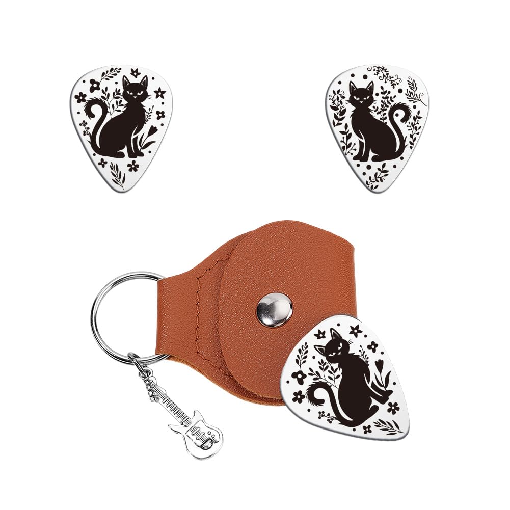 UNICRAFTALE 2pcs Personalized Guitar Picks Gifts Guitar Pick Keychain Kitten Plant Stainless Steel Guitar Pick with PU Leather Case Plectrum Guitar Set for Guitar Player Musician Lover Birthday