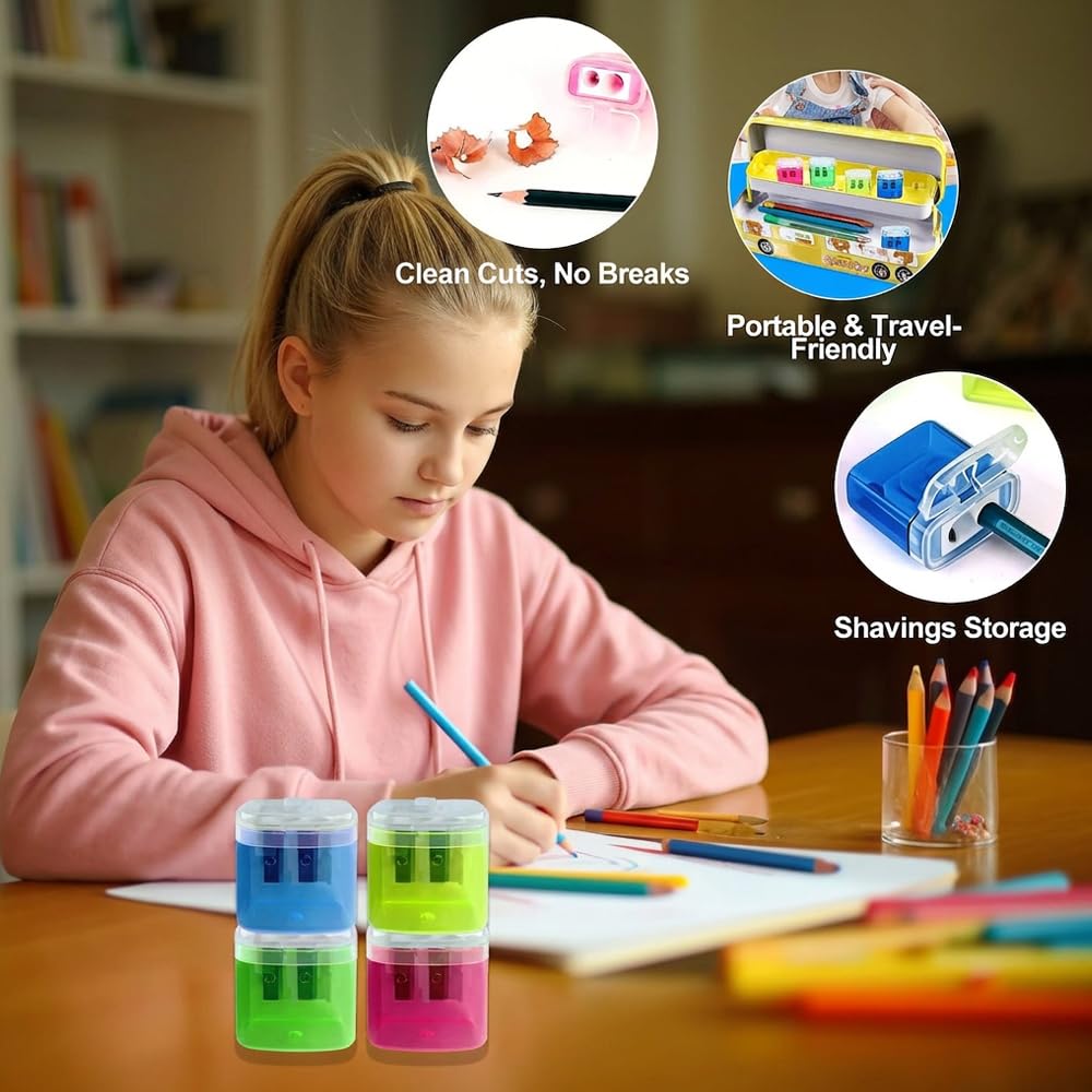 Temperino con Serbatoio 12 Pezzi Doppi Fori Temperamatite con Contenitore Coperchio per Matite Studenti Scuola (4 Colori)
