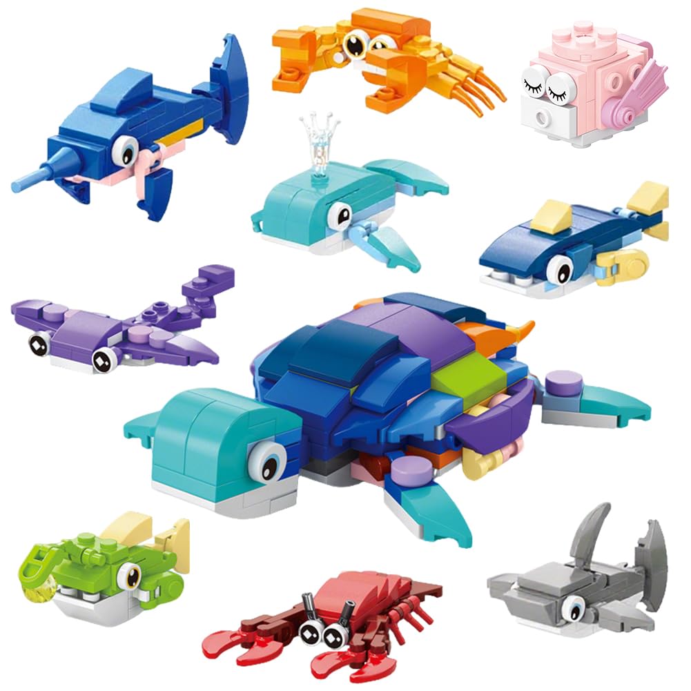 Mini Building Blocks Party Favors, 10 Packs Sea Animal Building Blocks Set Tiny Marine Ocean Building Toys, for Boys Girls Classroom Prizes Rewards Gifts Exchange Goodie