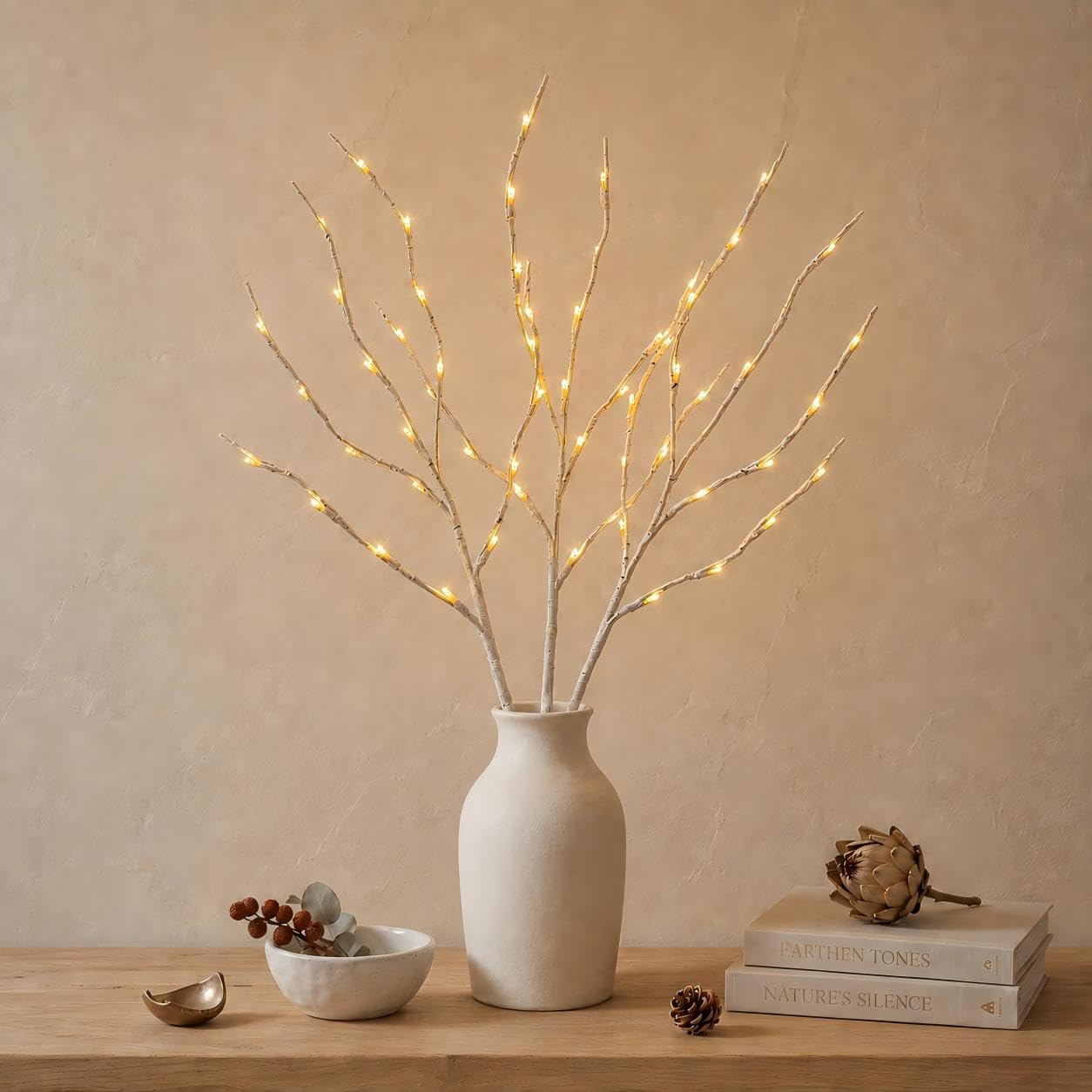 Qsmile 3-Pack White Birch Branch Lights 72cm, 60 LED Beads Warm White Lighted Twig Branches with UK Plug Powered, Vase Fillers for Christmas Wedding Home Indoor Decor (No vase Included)