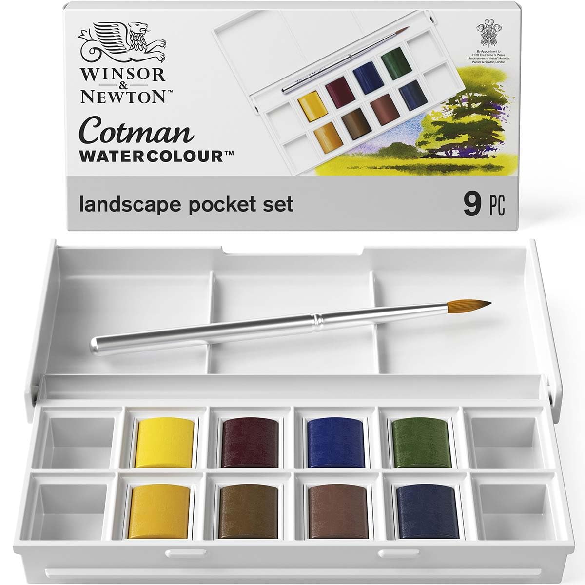 Winsor & Newton Acuarela Cotman - Set temático de bolsillo - Paisaje, 8 medio godets + 1 pincel de viaje, colores surtidos