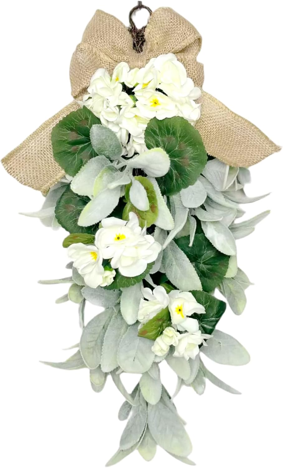 Teardrop Wreath, 18.9 Inch Artificial Teardrop Swag with Burlap Bow - Farmhouse Decor for All Seasons, Green and White Faux Wreath for Front Door, Wall, or Wedding, Christmas Swag