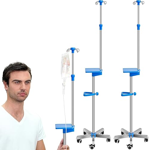 Zonon 2 piezas de poste IV de acero inoxidable IV poste con ruedas, soporte médico IV suministros médicos, soporte de infusión IV con bandeja para