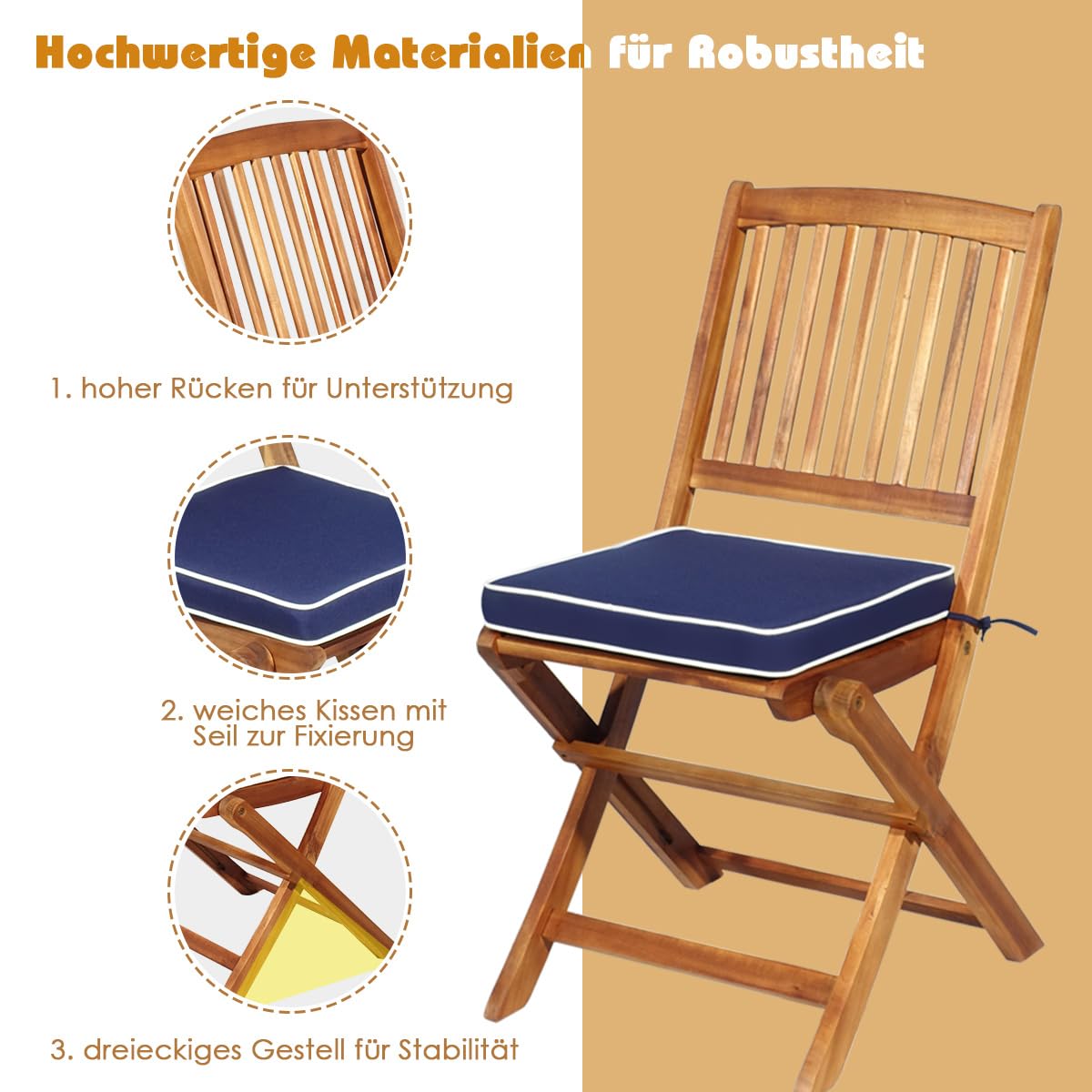 GOPLUS 3tlg. Gartenmöbel Set aus Akazienholz, klappbares Balkonmöbel-Set, inkl. Rundtisch und 2 Stühlen mit Kissen, Sitzgruppe, Sitzgarnitur, für Außenbereich (Blau)