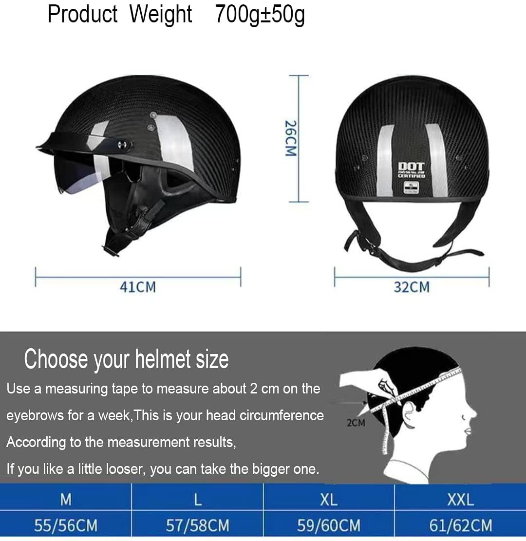 Casco Moto Jet Retrò In Fibra Di Carbonio, Omologato ECE 22.05, Con Visiera Incorporata, Taglia M (55-56cm)