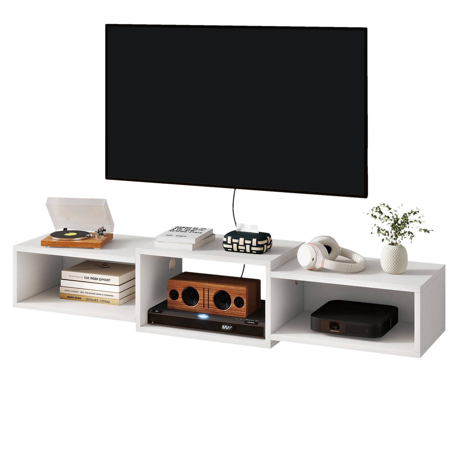 IBUYKE Floating TV Stand Wall Mounted,Wood TV Cabinet Media Console Shelf,Floating TV Unit for Under TV Storage for Living Room Bedroom Office,White WST013W