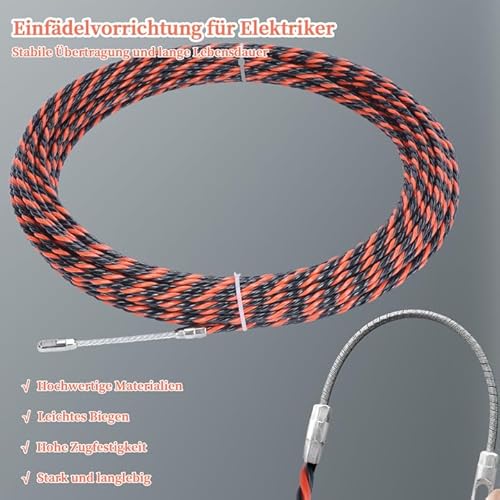 aleawol Kabeleinziehhilfe 30m Einziehspirale Zugdraht,6mm kabel Durchziehhilfe Einziehspirale Glasfaser mit 2 Führungsfeder Einziehband für Kabelverlegung Leerrohre Zugdraht Einziehdraht,Orangeschwarz