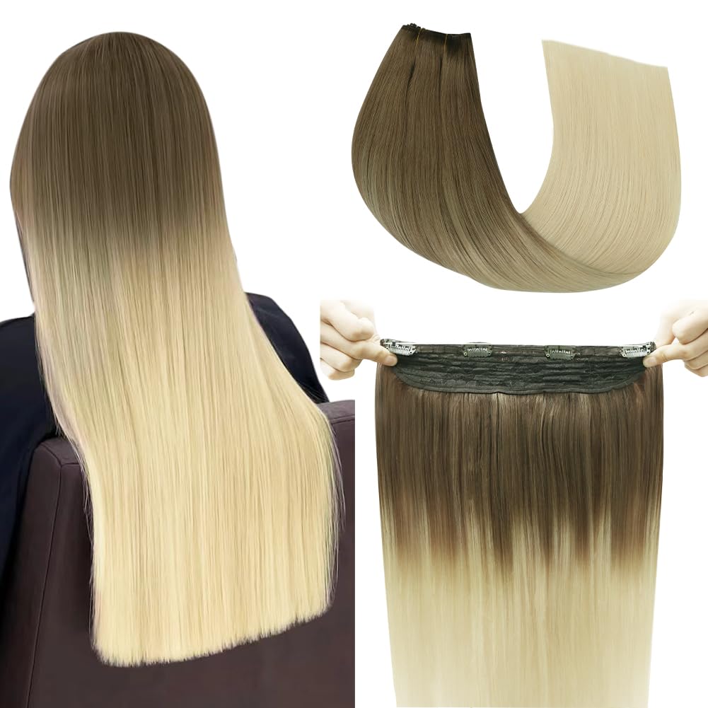 SAFIRENY Wire Hair Extensions,Short Ash Brown to Platinum Blonde Hair Extensions Real Human Hair 16inch Straight Fish Line Hair Extensions70g(#8T/60-