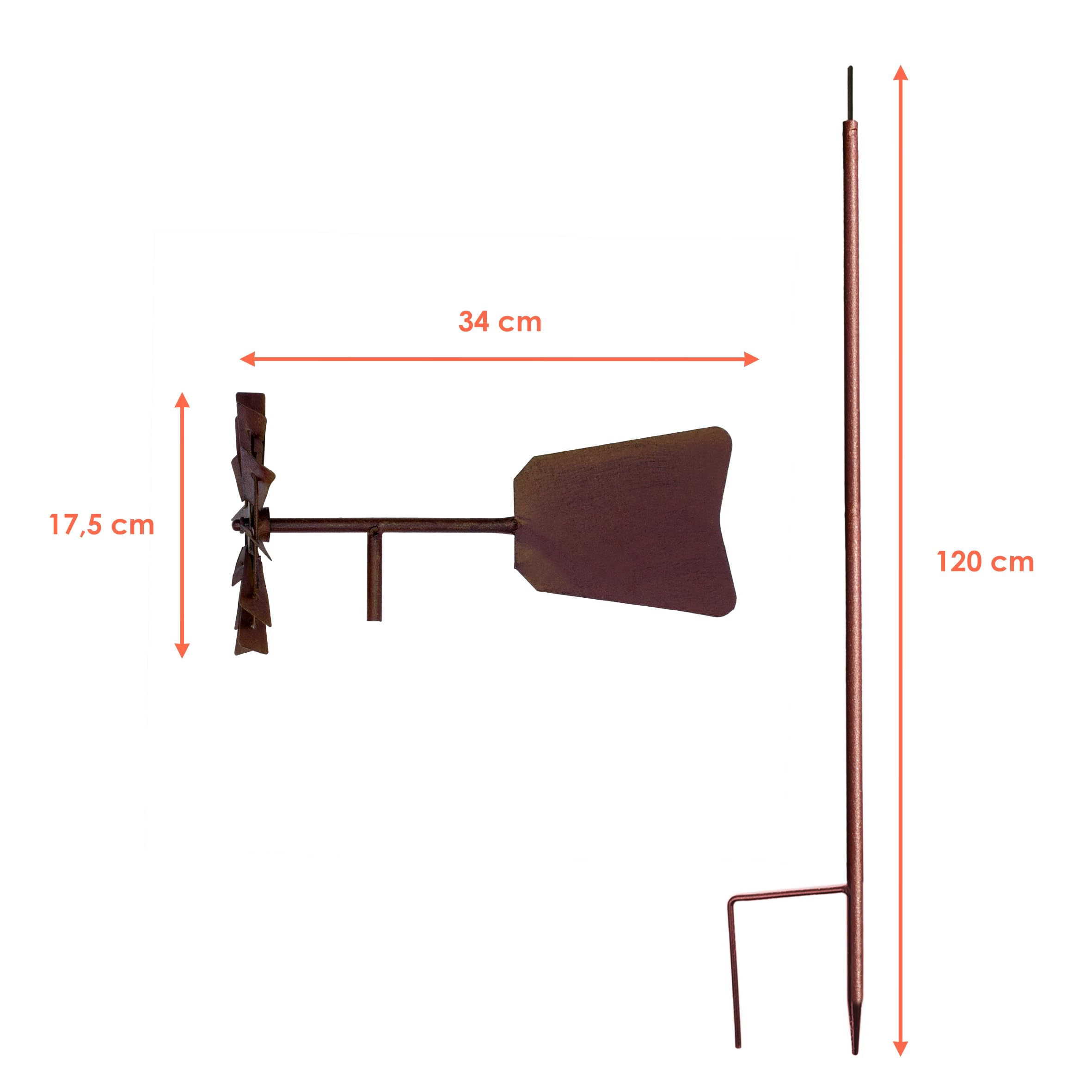 Moulin à vent en métal rouillé avec girouette – 120 x 17 cm – Décoration de jardin – Décoration de jardin – Décoration de jardin – Carillon éolien résistant aux intempéries