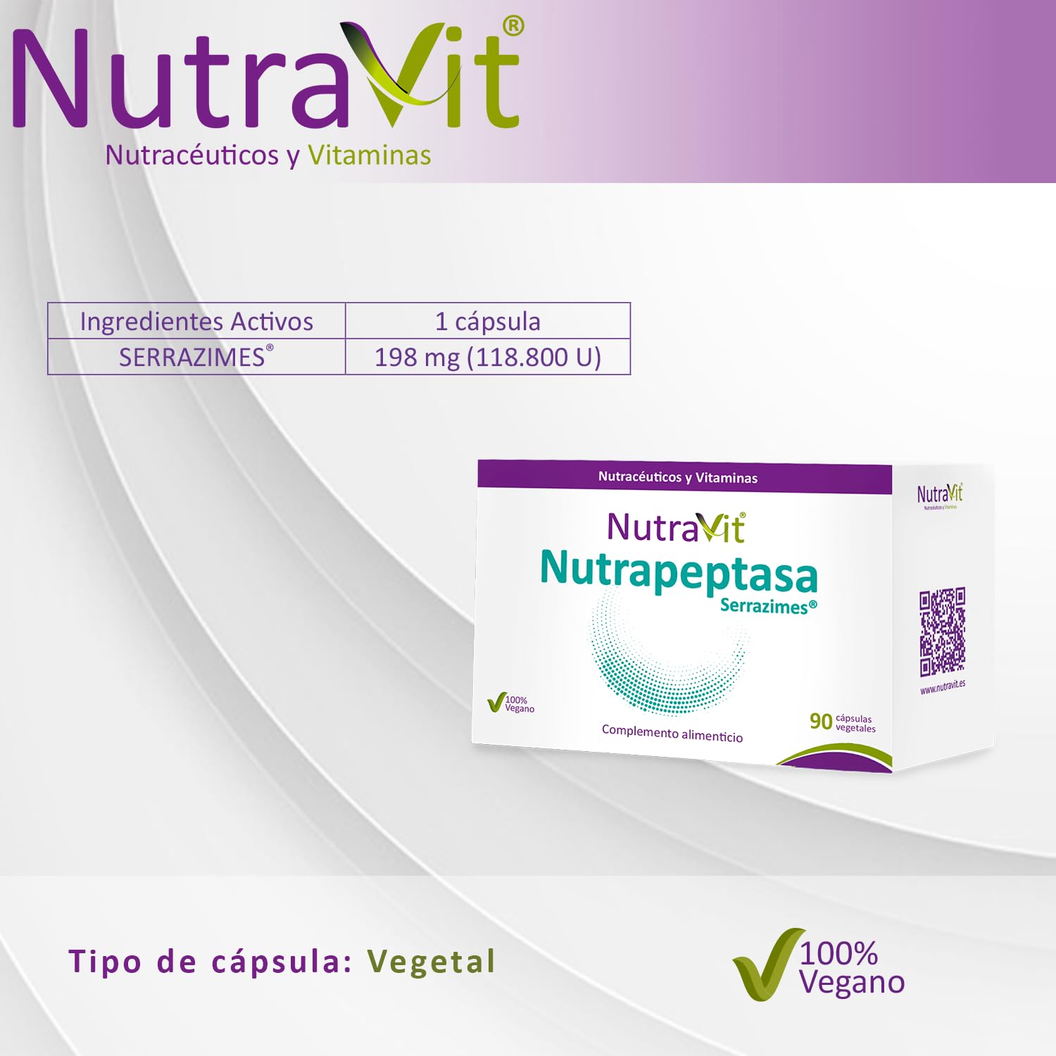 NUTRAPEPTASA SERRAZIME NUTRAVIT | Potente antiinflamatorio | Complemento alimenticio a base de enzimas patentadas (Serrazimes®) | 100% Vegano | 90 Cápsulas Vegetales