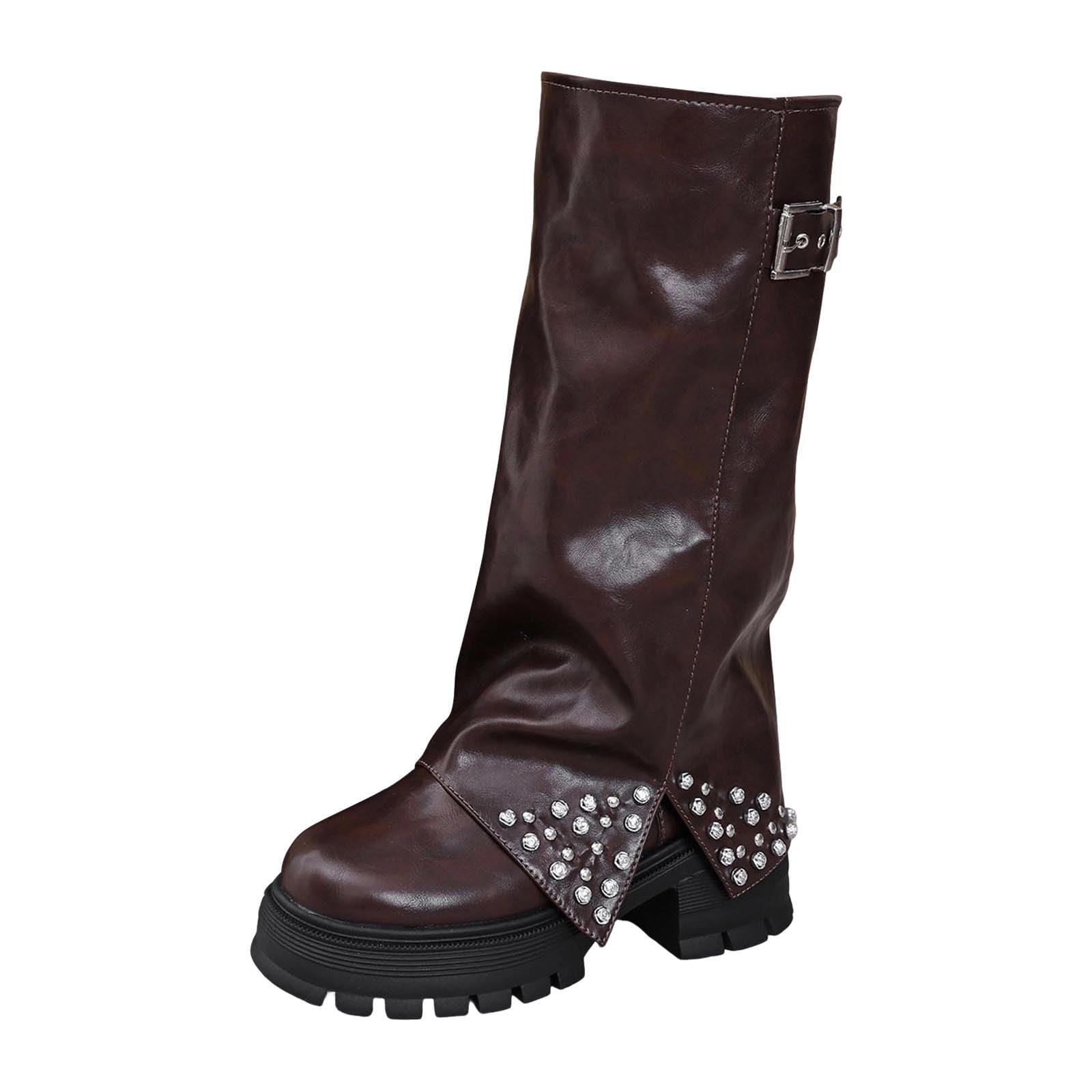 Botas por Encima de la Rodilla Botas de Media caña con tacón Grueso, Hebilla Lateral, Punta Redonda y cómodas, Ideales para otoño e Invierno.