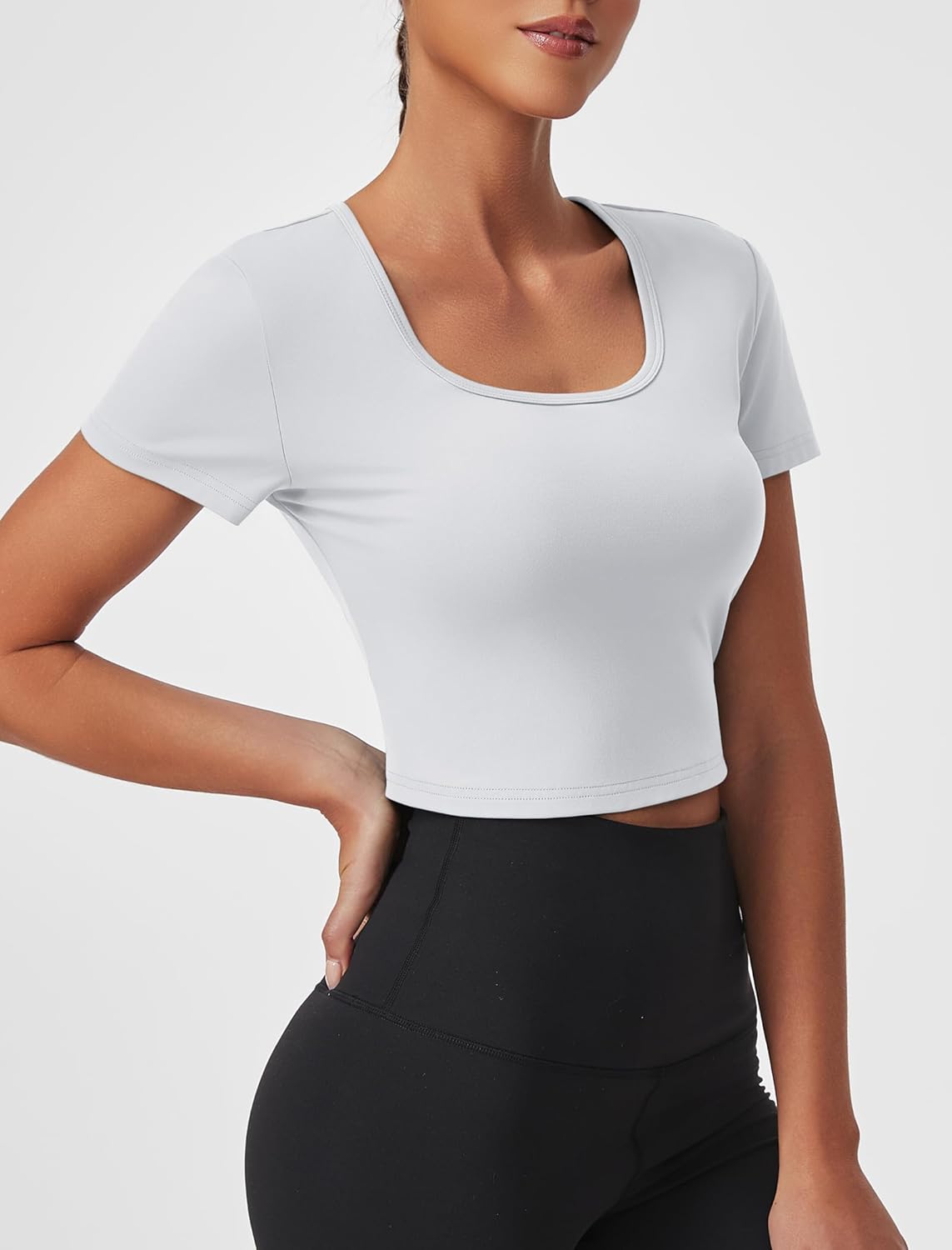 Womens Workout Crop Tops Short Sleeve Athletic Cropped T Shirt Scoop Neck Gym Yoga Fitted Basic Tee - Image 5