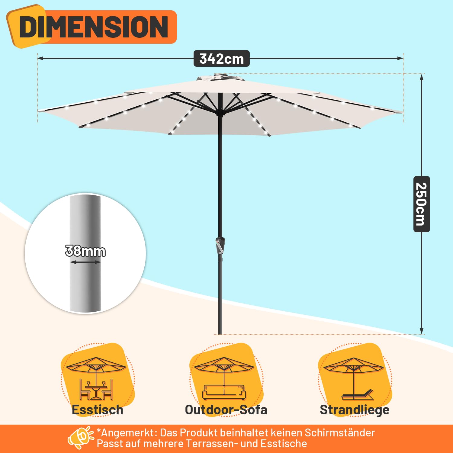 Grand parasol de jardin déporté imperméable sans support - Avec manivelle - Pour balcon, jardin, terrasse - 270 x 350 cm