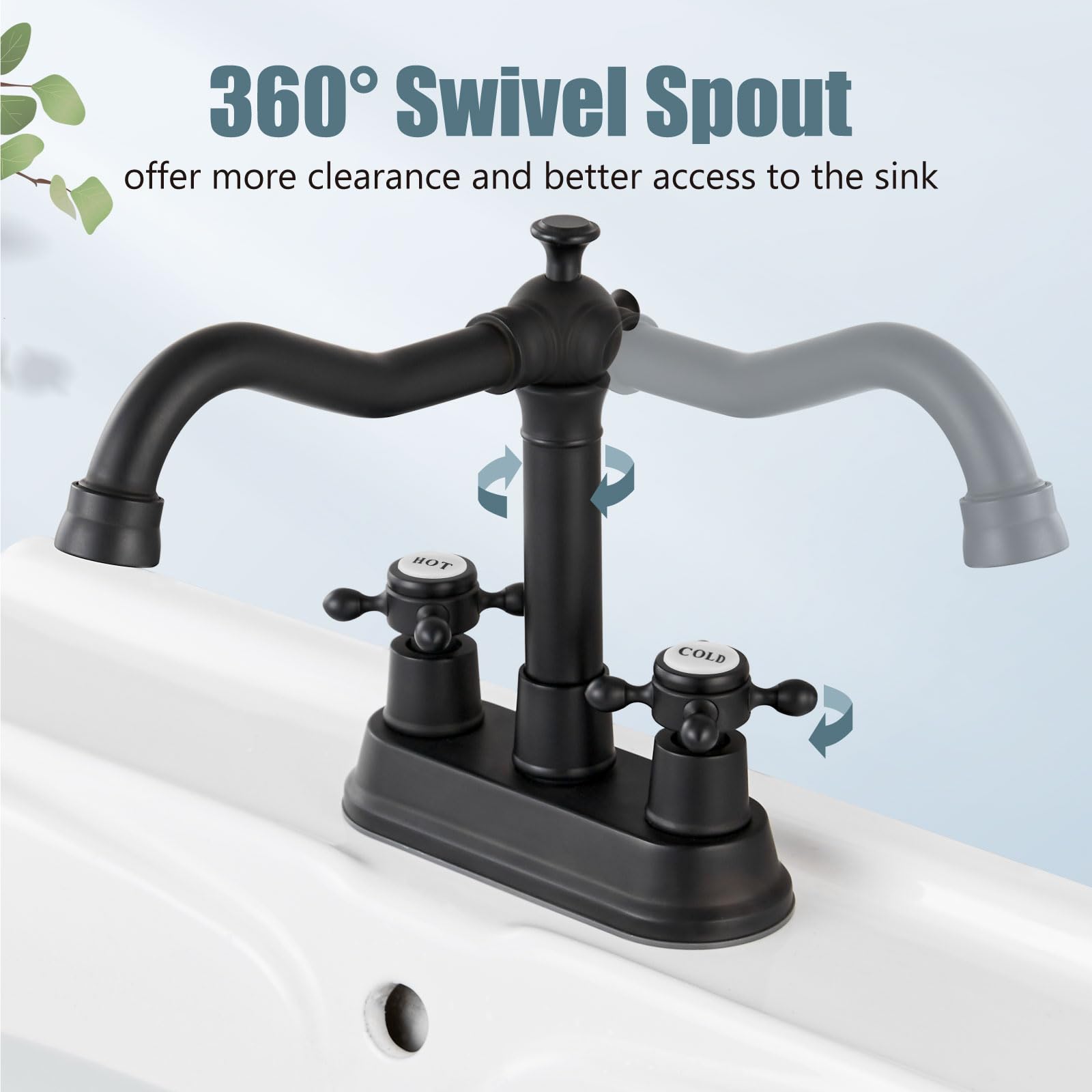 Aolemi Grifo De Lavabo De Baño De 4 Pulgadas, Doble Asa, Dos Agujeros, Estilo Vintage, Para Lavabo, Lavabo, Lavabo, Con Drenaje Emergente, Montaje En Cubierta, Caño Giratorio De Cuello Largo, Latón