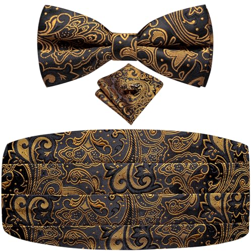 Image of Dubulle Mens Cummerbund and Bow Tie Set Paisley Floral Pretied Bowties for Men Pocket Square Cufflinks Wedding Business