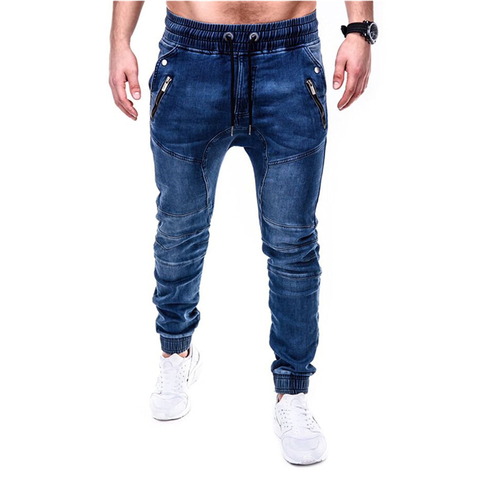 Mens Twill Jogger Jeans Drop Crotch Hipster Drawstring Denim Pants Vintage Skinny Zip Pockets Jean Trousers Medium Blue