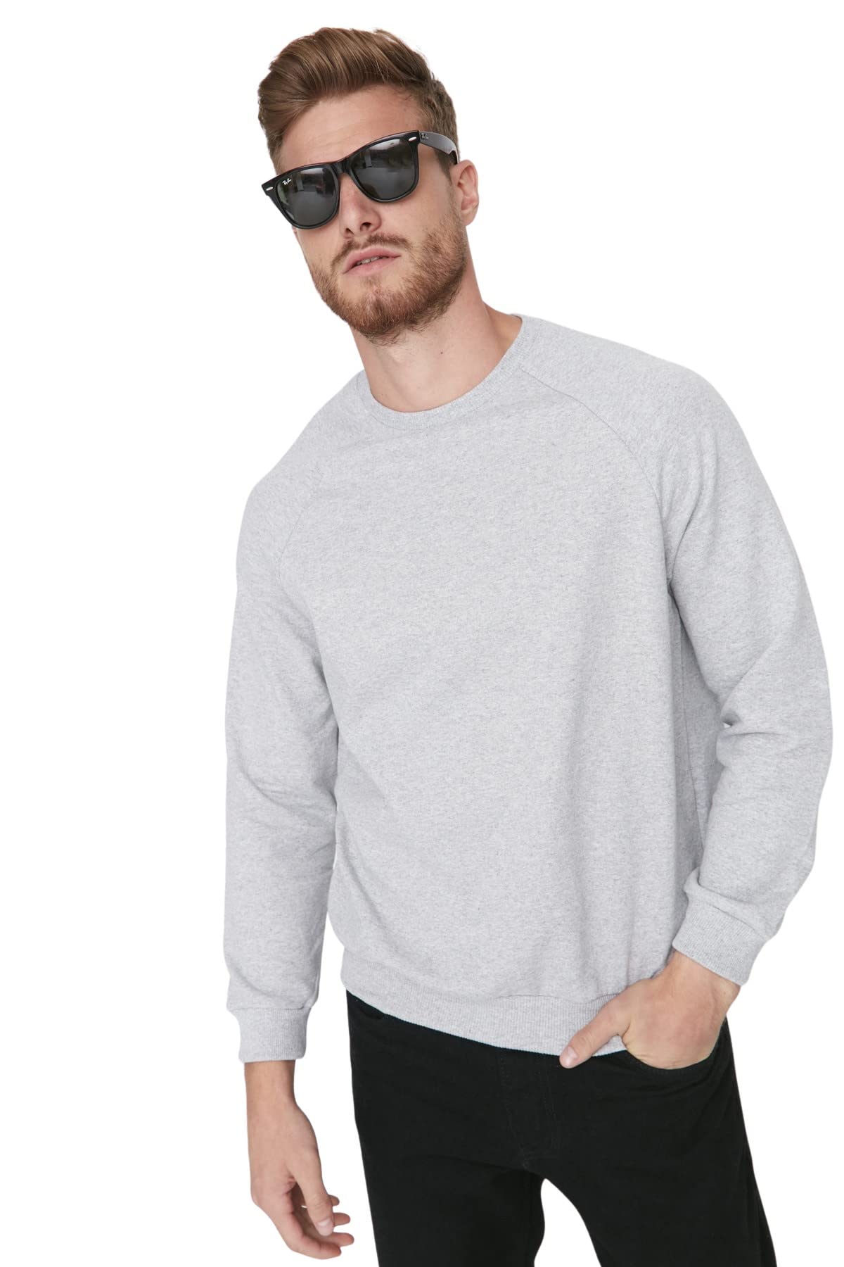 Trendyol Collection Herren Grau Meliertes Fleece-Sweatshirt Mit Rundhalsausschnitt – Nor Passform Für - Extra Groß