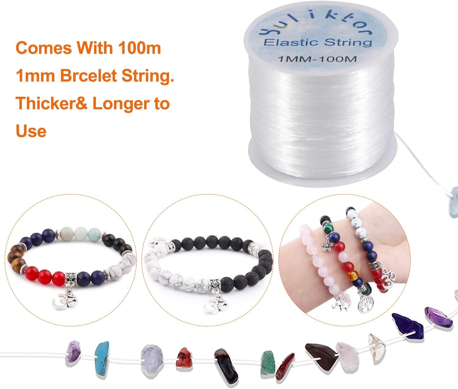 YULIKTOR 1mm Elastic Bracelet String Cord Clear Stretch Bead Cord for Jewelry Making and Bracelet Making White (YU-AW)