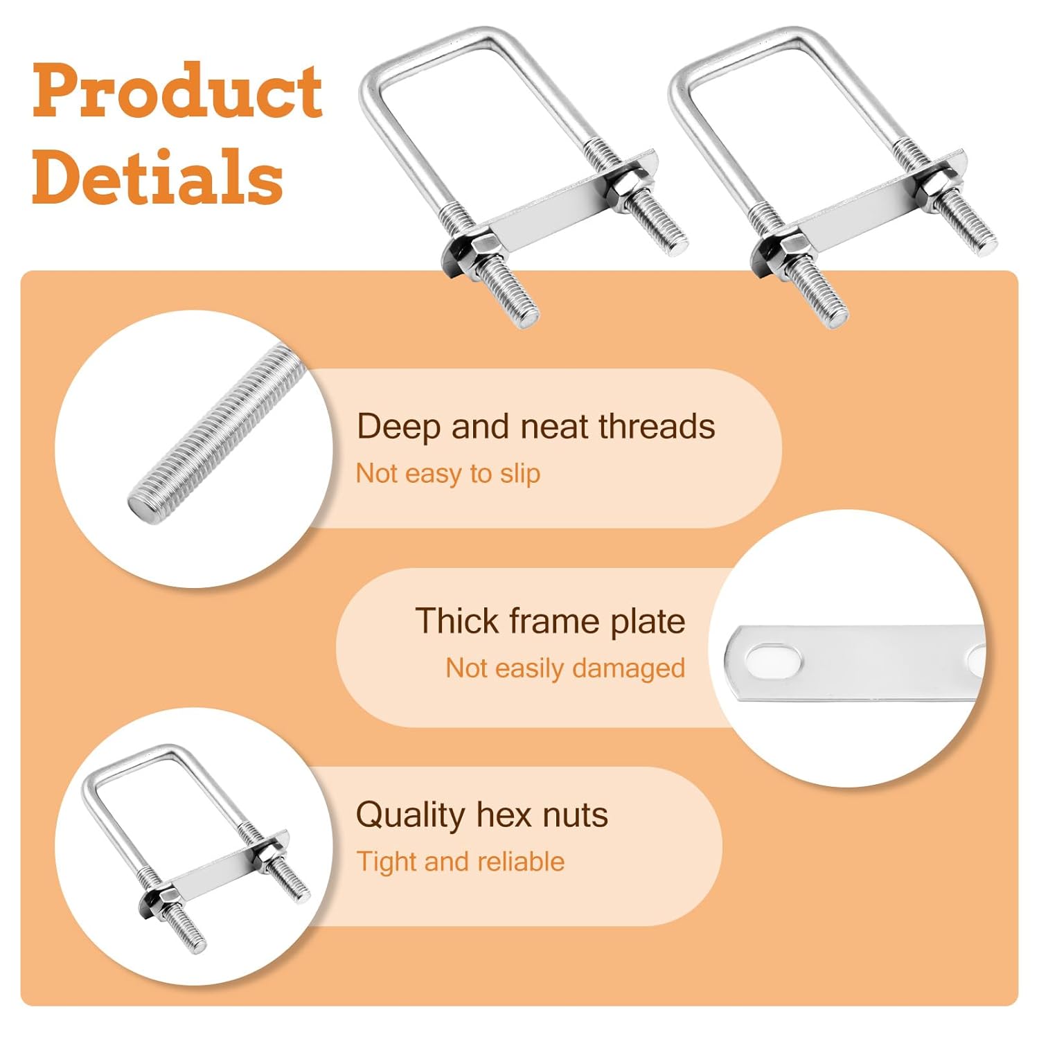 4 Sets Square U Bolts 2" W x 4.33" L, Stainless Steel U Bolts with Frame Plate and Hex Nut for Replacement Parts and Accessories for Ski Boat, Fishing Boat or Sailboat Trailer