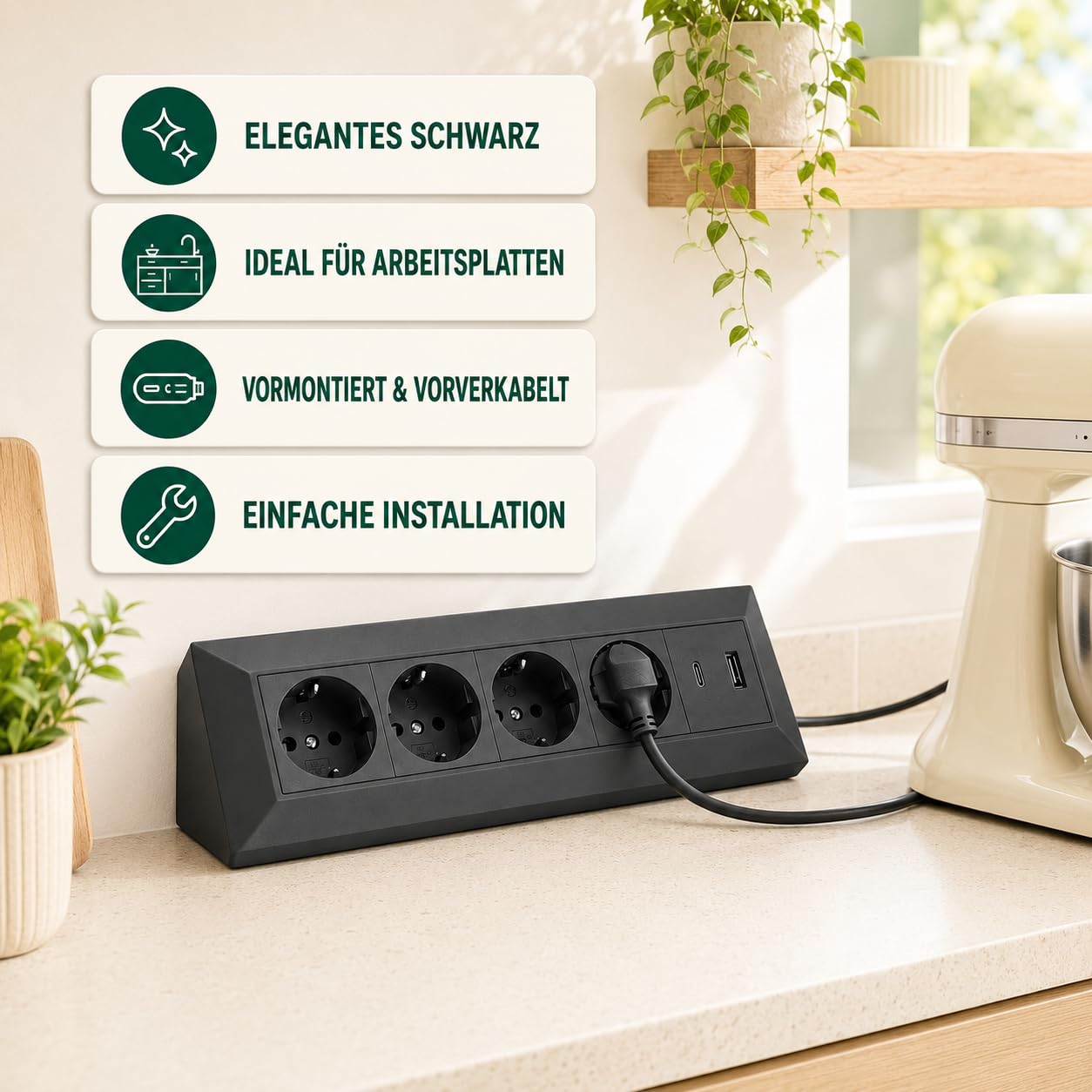 Steckdosenblock 4-Fach & USB-A/C schwarz - hochwertige Steckdosenleiste Ecksteckdose Tischsteckdose Mehrfachsteckdose - für Küche, Werkstatt, Arbeitsplatte, Möbel-Steckdose, Schreibtisch