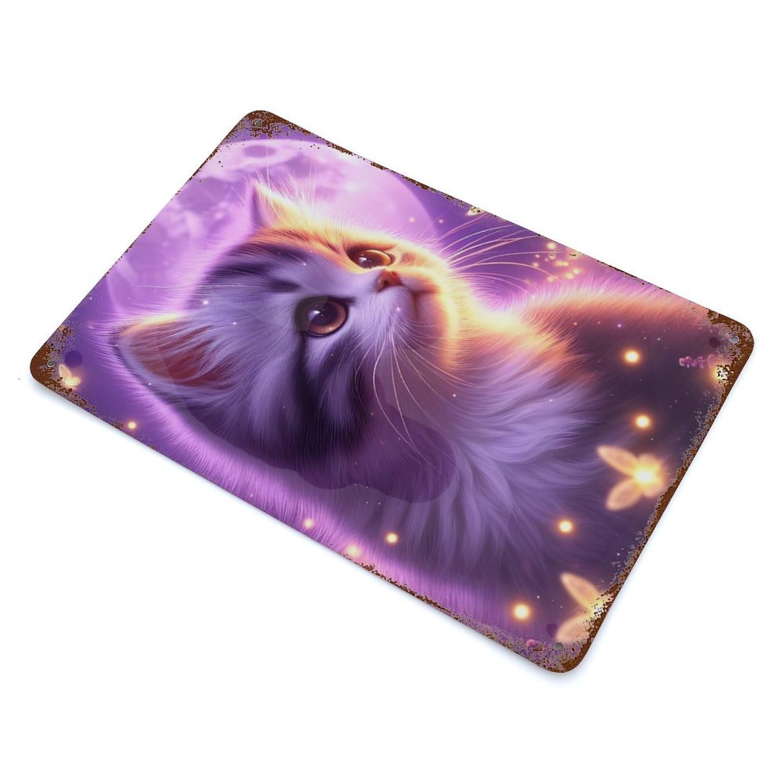 Cute Kitten Under Moonlight 11.8"x7.9" Rustic Tin Plaque, Farmhouse Wall Decor for Basement, Hobby Room And Garage Decor