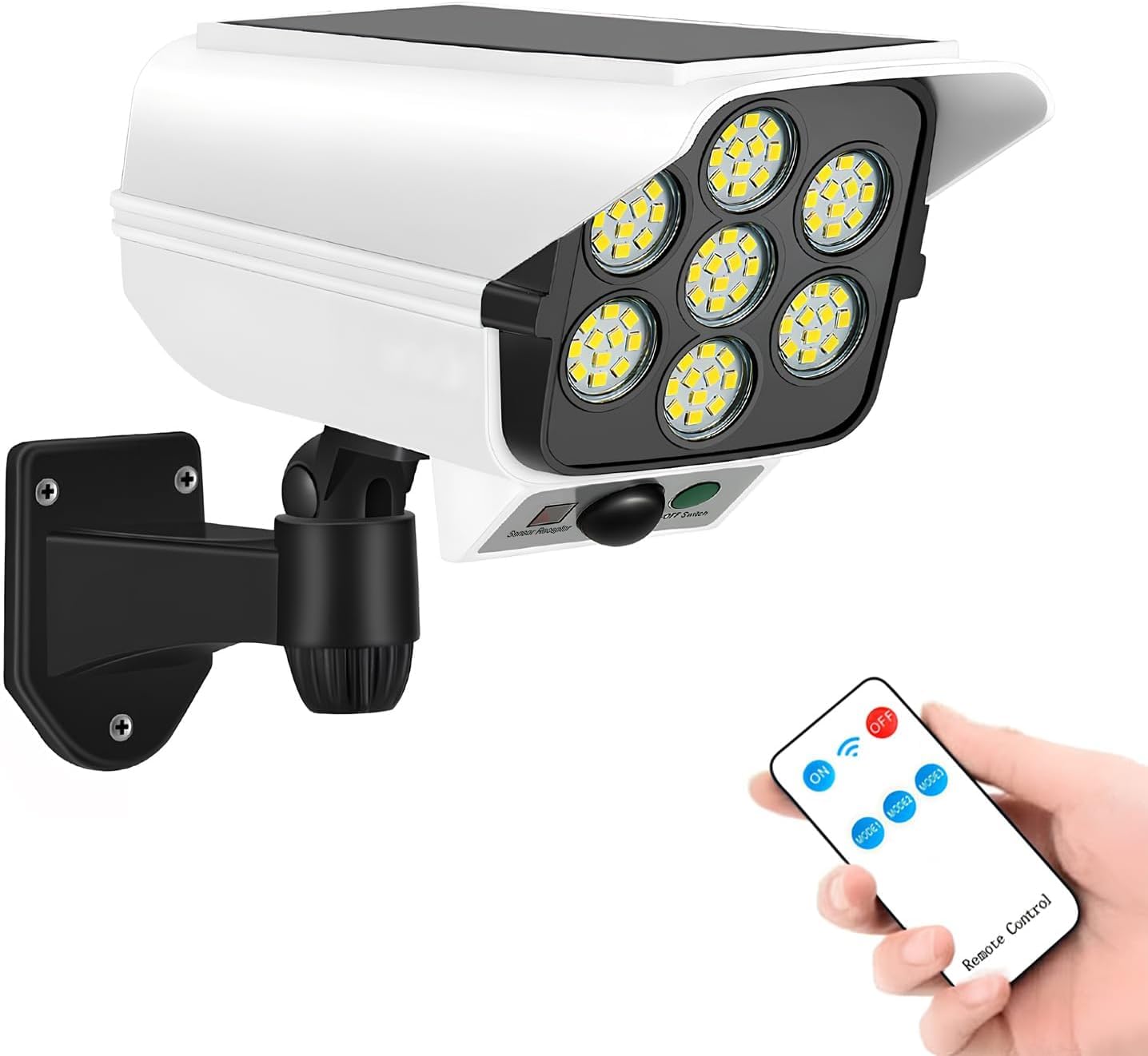 Solar Powered Security Camera Shaped LED Light, White, Waterproof Outdoor Wall Mount with Motion Sensor, Remote Control, 8 LEDs, 360° Rotation for Home Garden