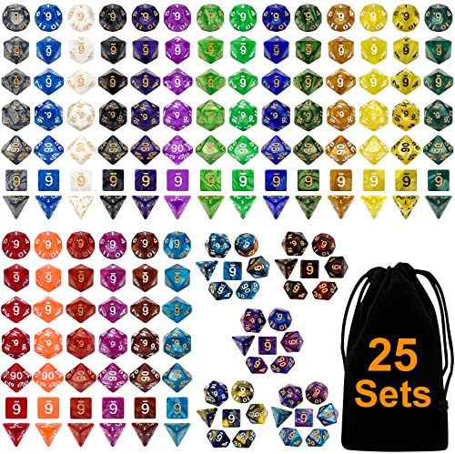 DND Dice Set 25 x 7 (175 Pieces) Double-Colors Polyhedron Dice for Dungeons and Dragons D&D RPG MTG Table Games D4 D6 D8 D10 D% D12 D20 25 Colors Dice with 1 Large Flannel Bag