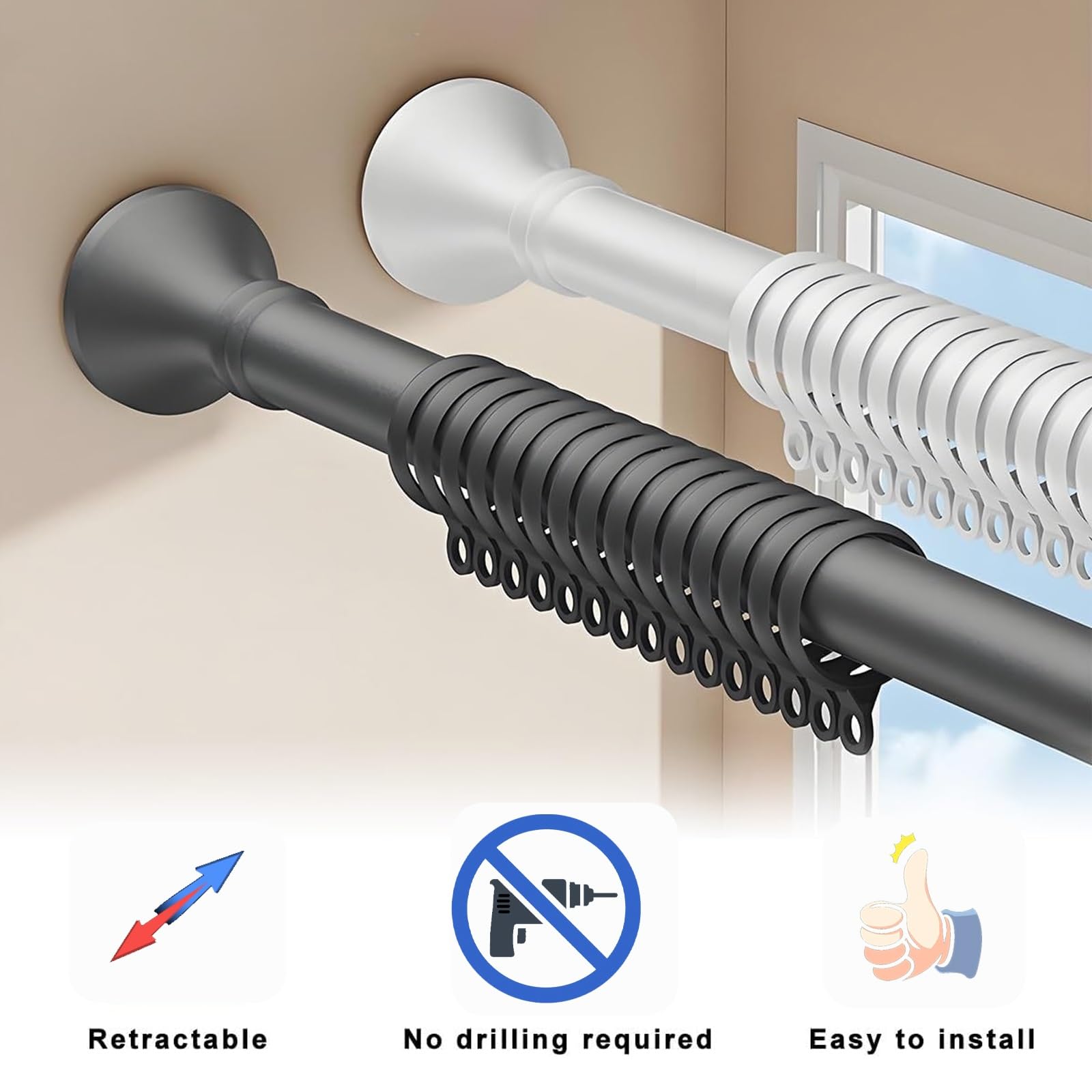 Tringle à rideaux extensible réglable de 200 à 500 cm, pour rideaux de douche et voilage, tringles à rideaux télescopiques en gris (110-190 cm) – Solution polyvalente et peu encombrante