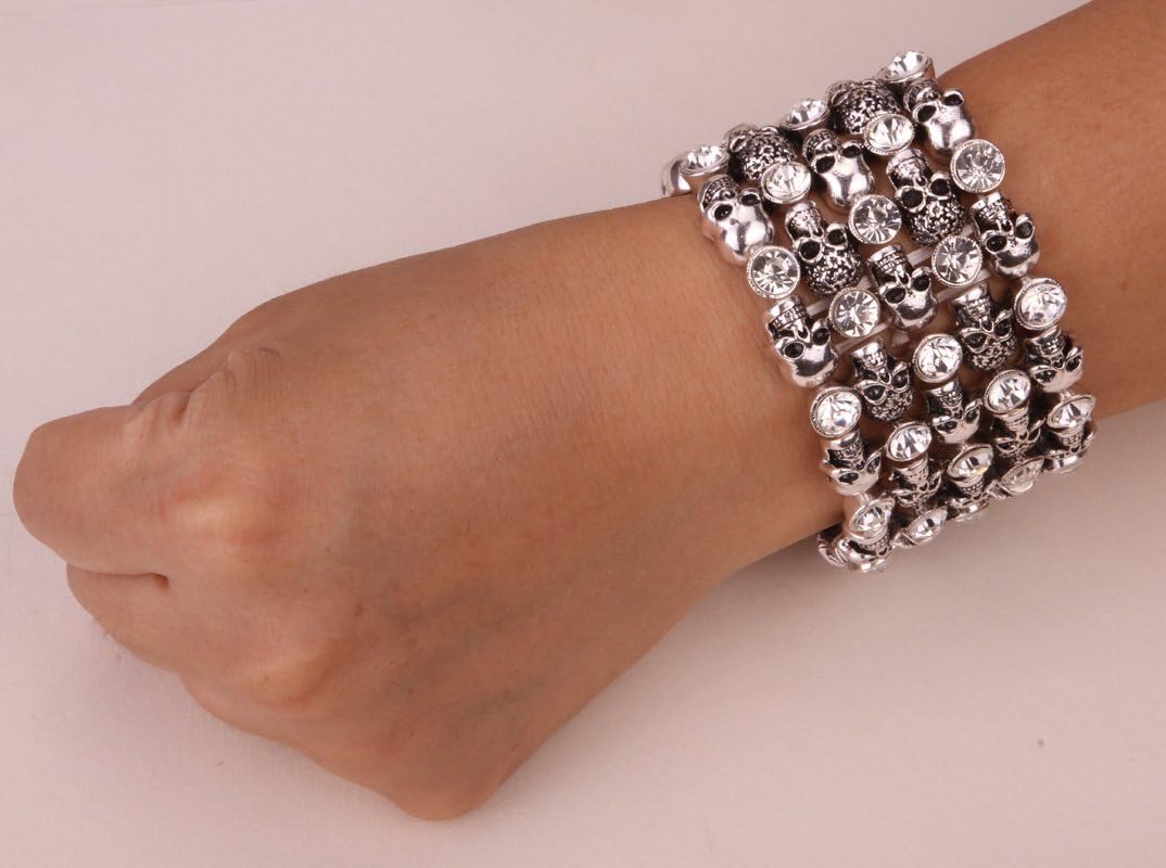 YACQ Women's Skull Stretch Cuff Bracelets - Elastic Band Fit Wrist 7 to 8 inch - Lead & Nickle Free - Women Biker Jewelry