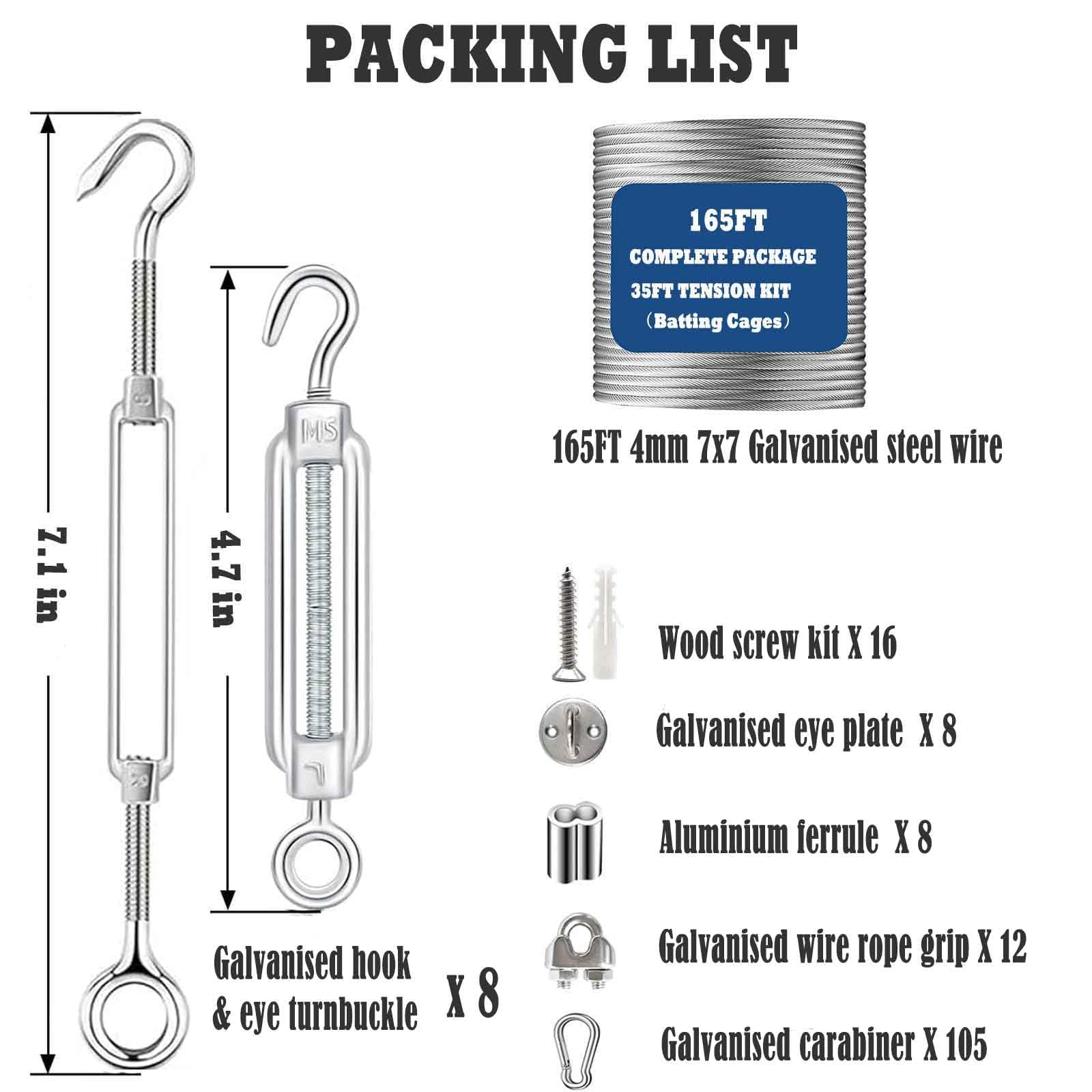 Jecarden Batting Cage Netting Wire Tension Kit for 35FT Batting Cage Cable Suspension Kits Batting Cage Netting Baseball Softball DIY Net Hanging Kit Indoor and Outdoor Backyard Design