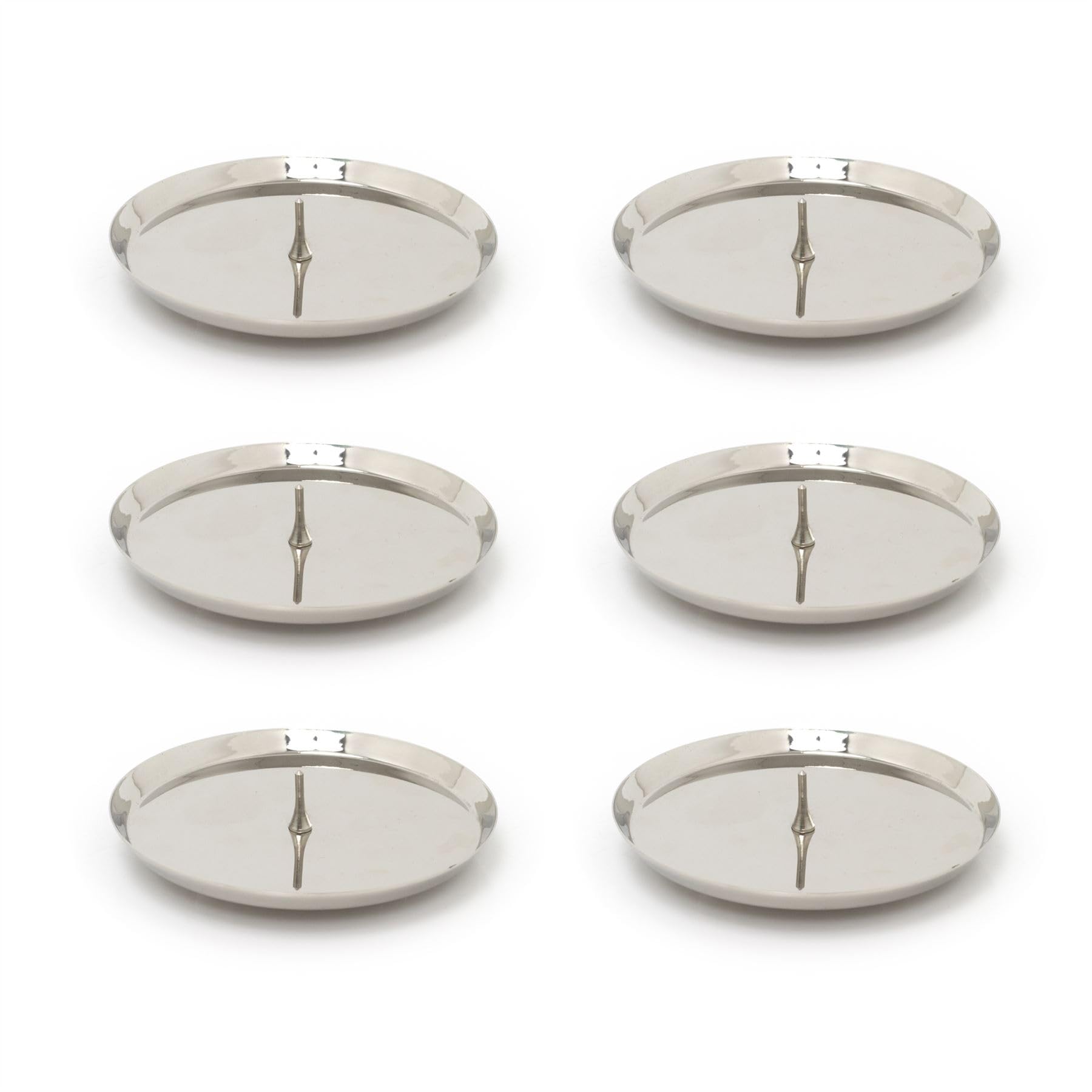 Carousel Home Silver Set Of 6 Contemporary Metal Pillar Candle Holder | Church Pillar Candle Plate With Spike | Round Candle Stand Modern Candle Holders - 10Cm