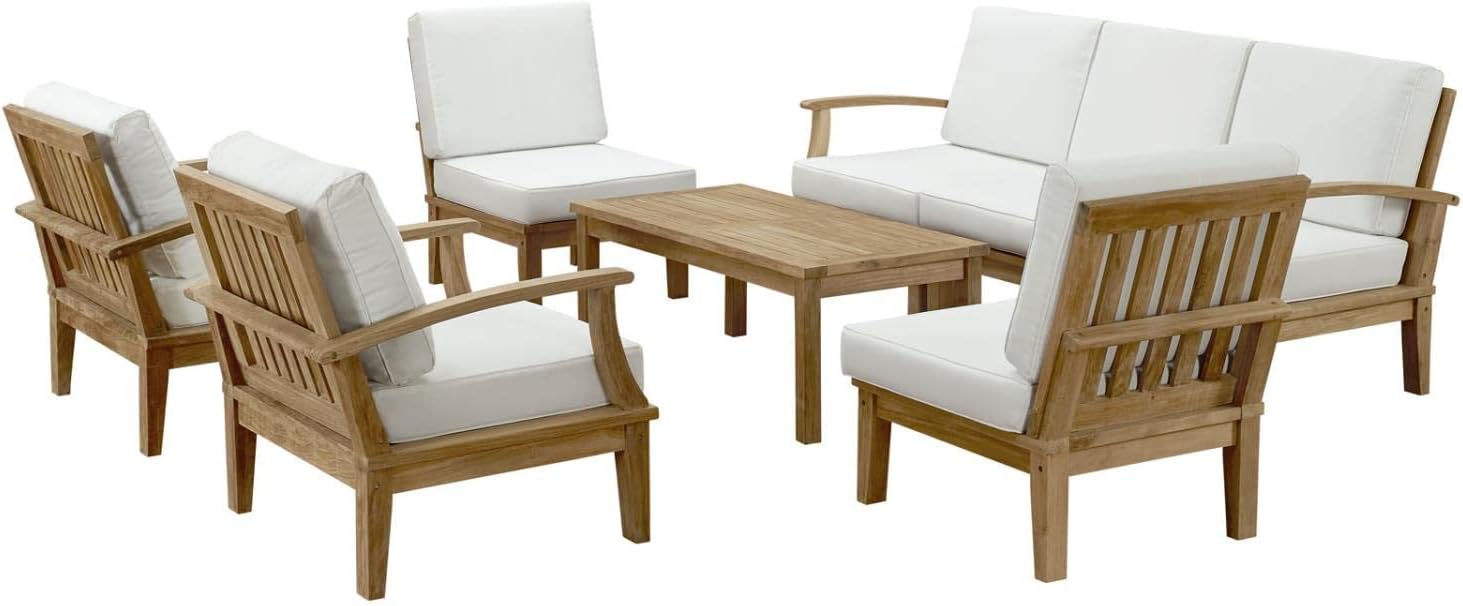 Modway Marina 8-Piece Premium Grade A Teak Wood Outdoor Patio Conversation Set - Natural White, All-Weather