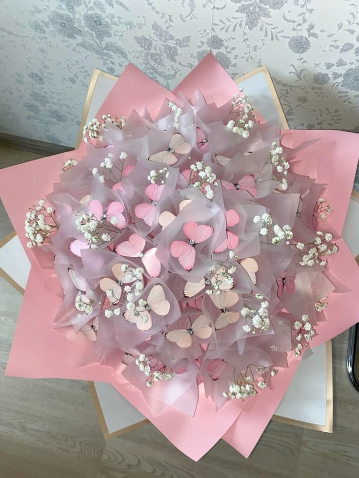 Luxury Artificial Butterfly Flower Bouquet - Elegant Pink Wrapping with White Gypsophila | Perfect Anniversary, Birthday & Wedding-image-12