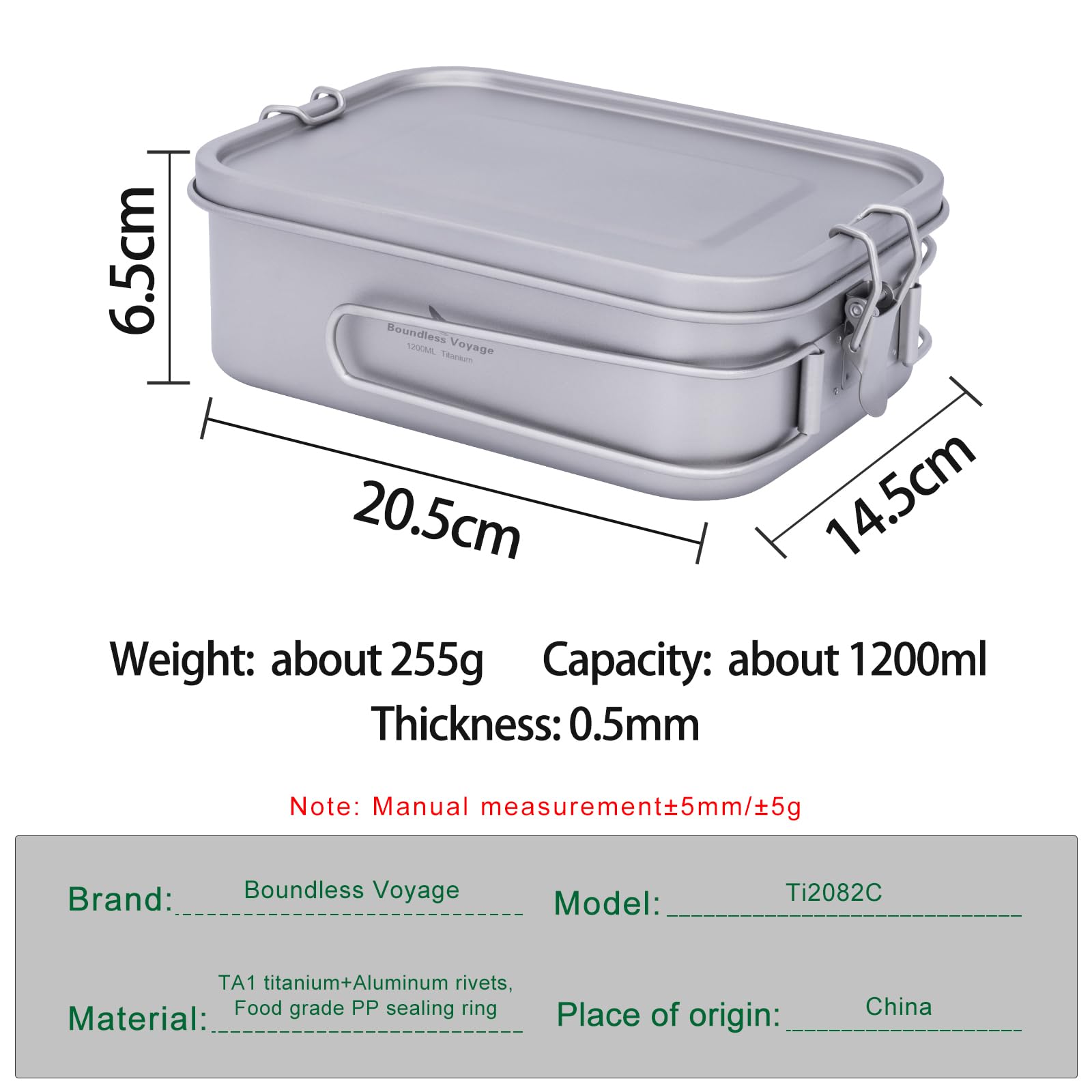 iBasingo Ti2082C - Contenitore per il pranzo in titanio da 1200 ml con coperchio a prova di perdite, manico pieghevole, pentole da campeggio, leggere, per escursioni, picnic e viaggi, contenitore per