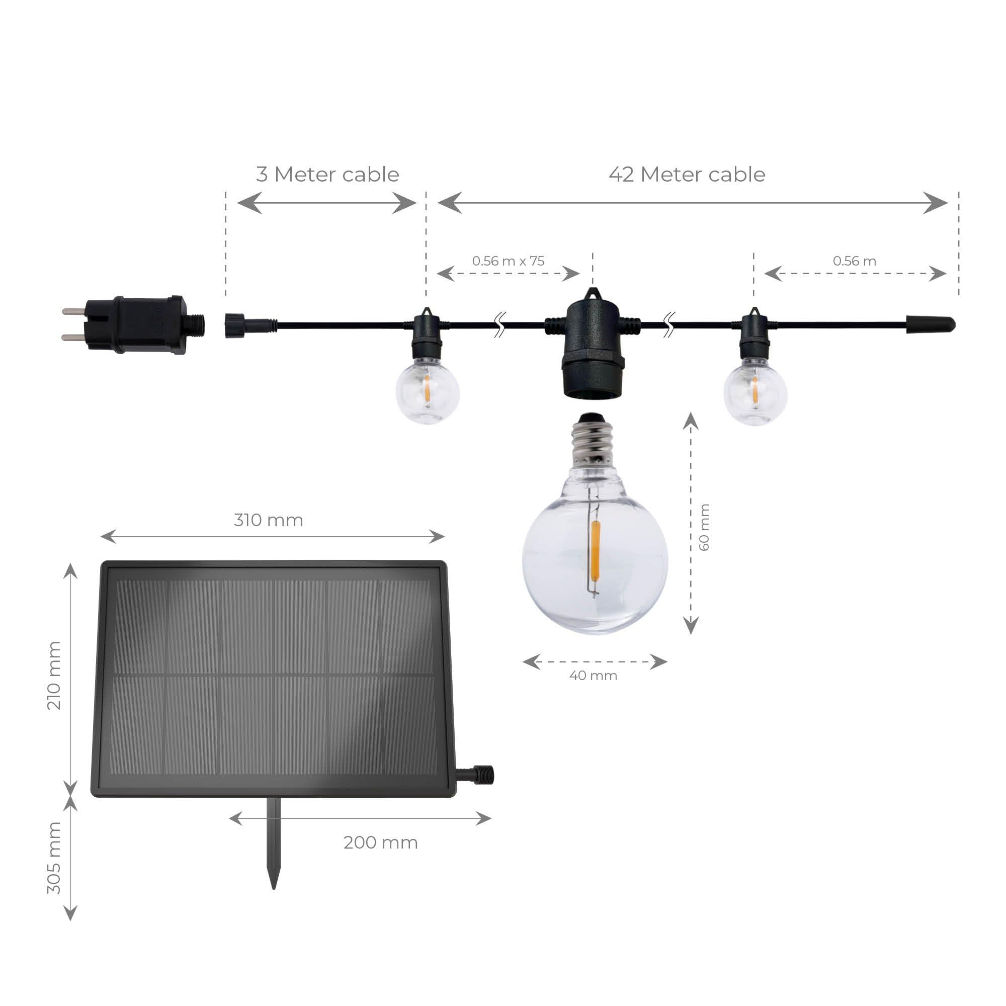 Ledvion - Catena Luminosa, 42 Metri Solaree, 75x E12 LED, IP44 Impermeabile, 2700K, G40, Plug & Play, Collegabile
