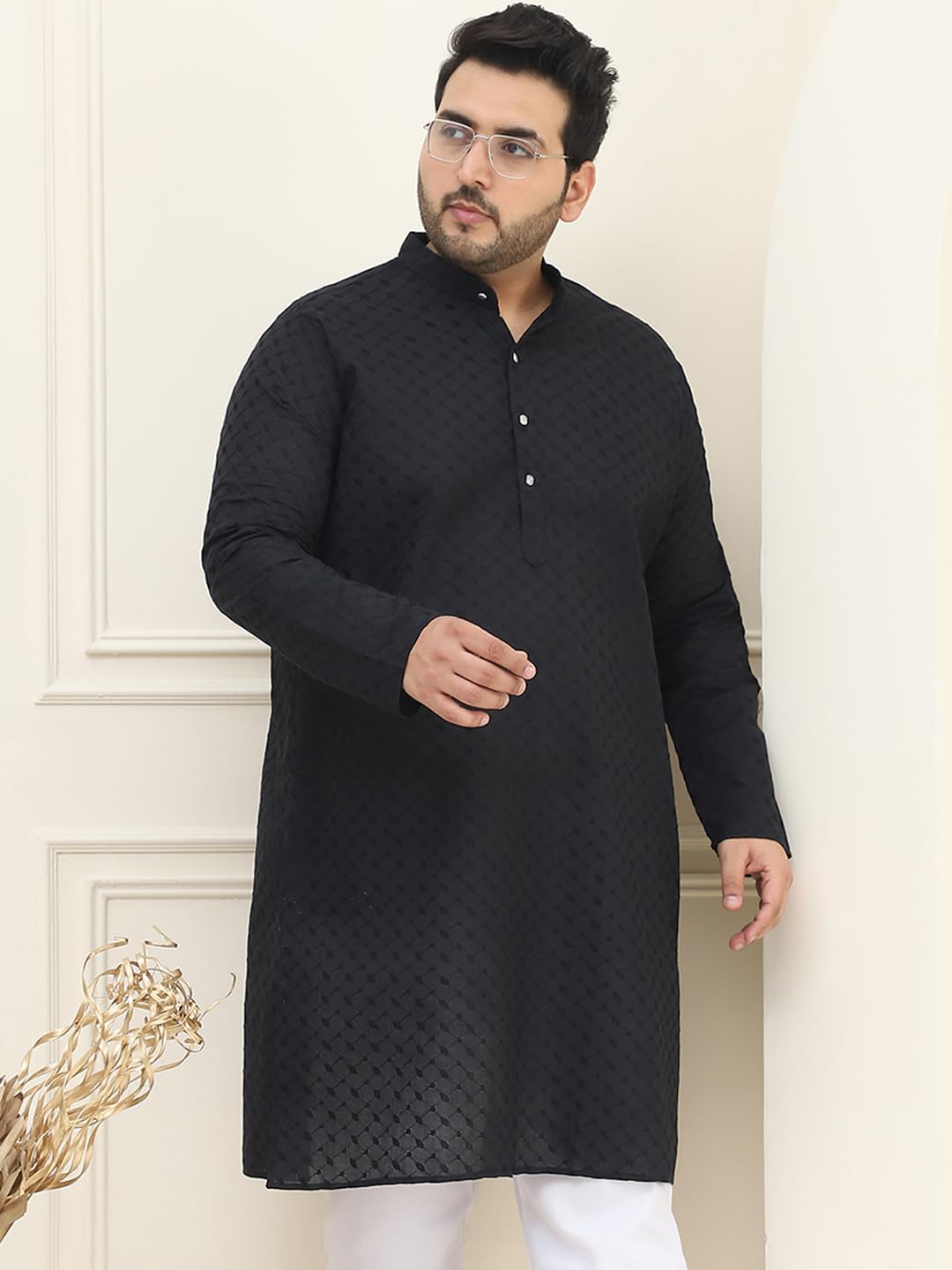 Sojanya Plus(Since 1958) Men's 100% Cotton Black Chikankari Kurta