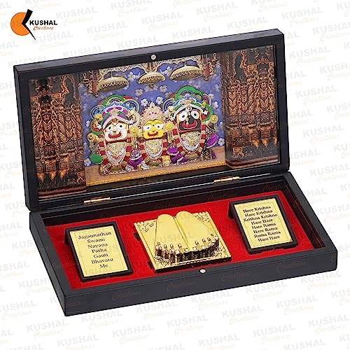 Image of 24K Gold Plated Religious Frame Rectangular Photo Frame Tabletop with Charan Paduka Return Gifts for Home Puja Office (JAGANNATH JI), 8.25 x 4.5 Inch