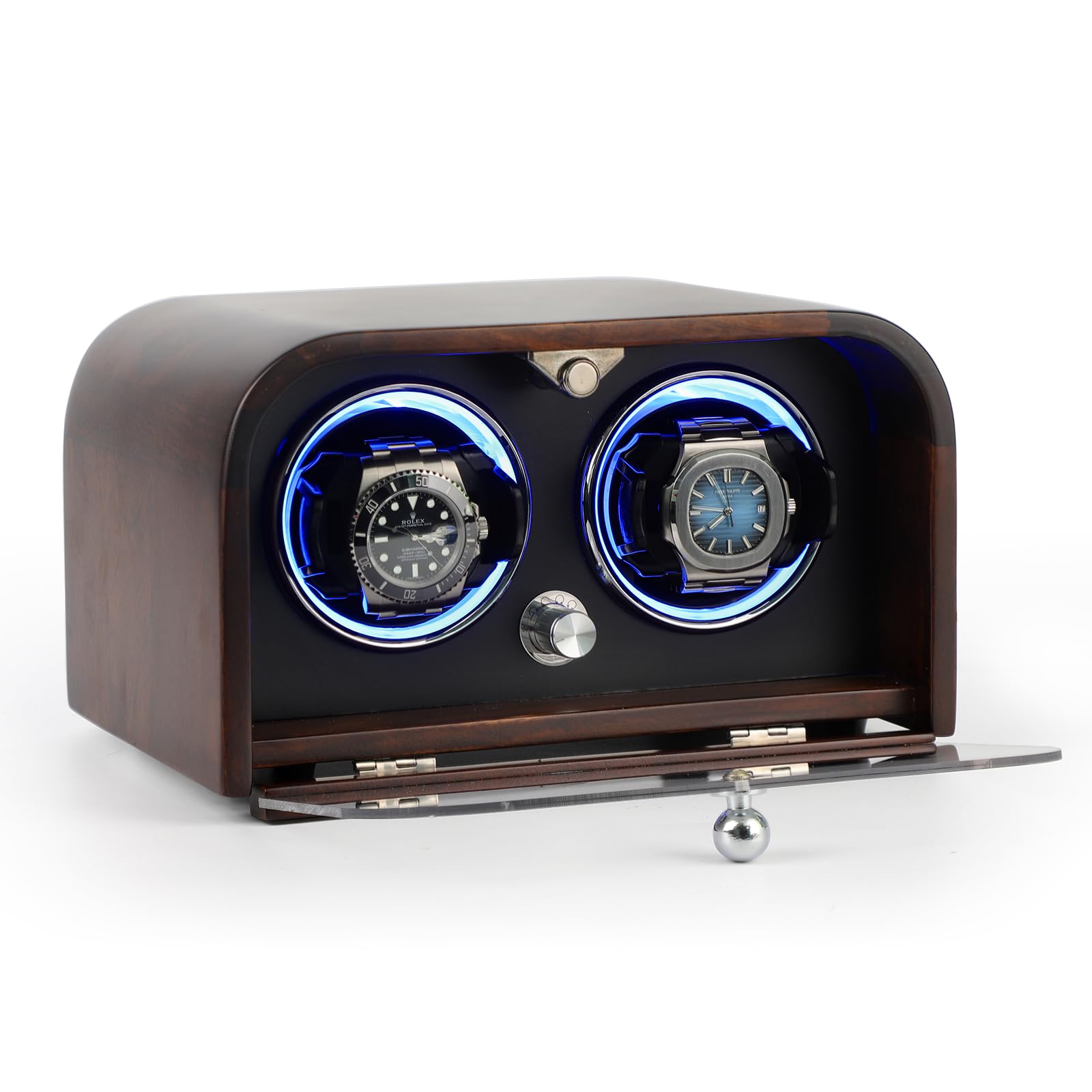 AUGMAXI Watch Winder for Automatic Watches, Luxury Black Walnut Wood 2-Slot Watch Winder Box with Anti-Magnetic Design, Ultra-Quiet Motor, 5 Mode Settings, and LED Ambient Lighting