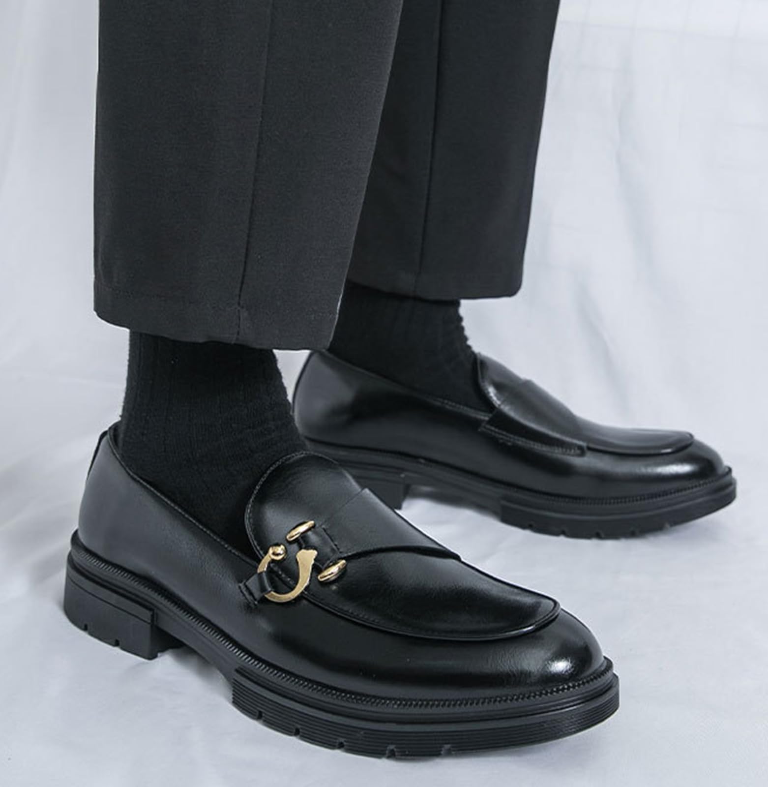 Mocasines Hombre Zapatos de Vestir Casuales Piel Sintética Sin Cordones Suela de Goma Gruesa Boda Oficina