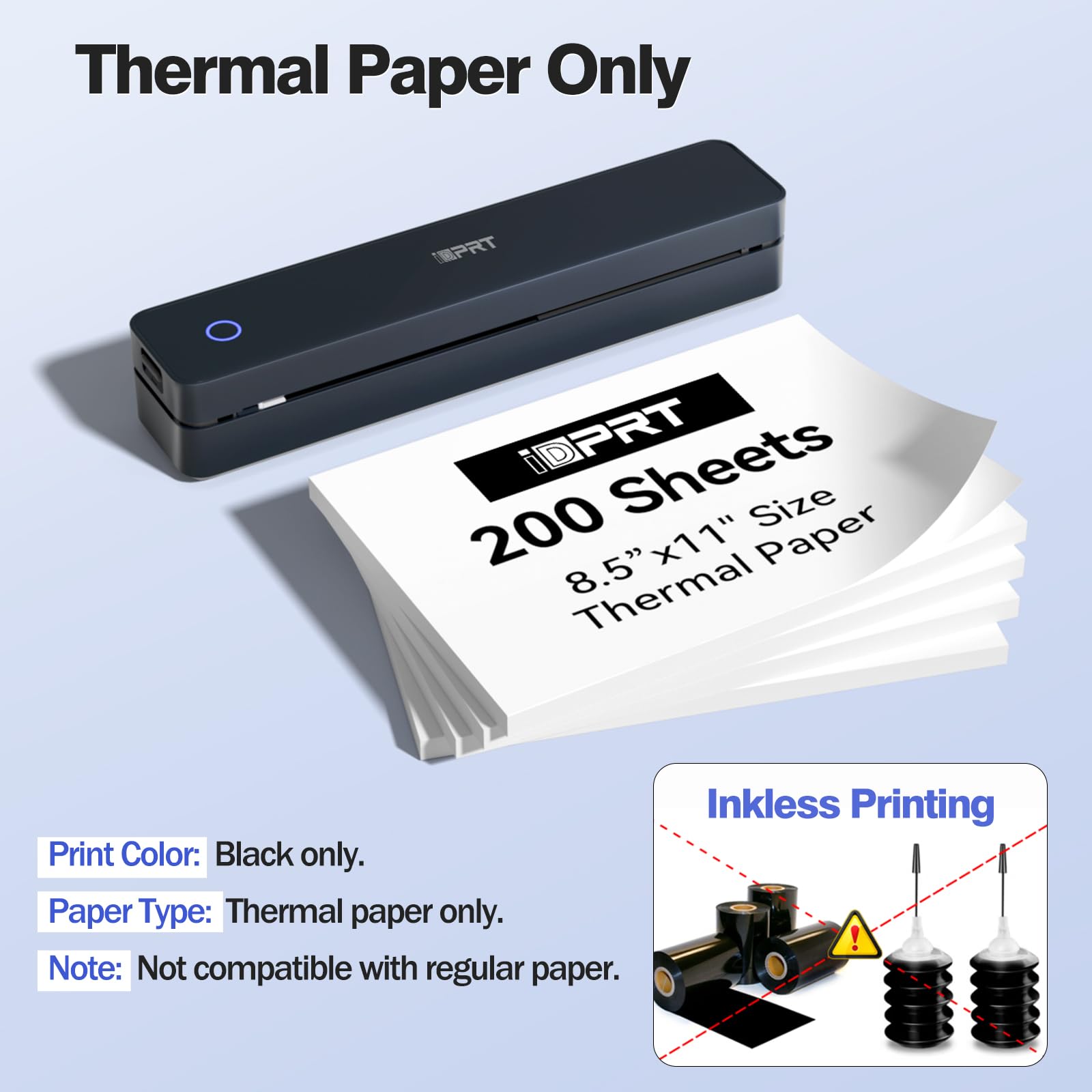 iDPRT Impresora térmica portátil inalámbrica para viajes, impresoras para uso doméstico, vienen con funda de transporte y 200 hojas de papel térmico, soporta carta de EE. UU. de 8.5 x 11 pulgadas y