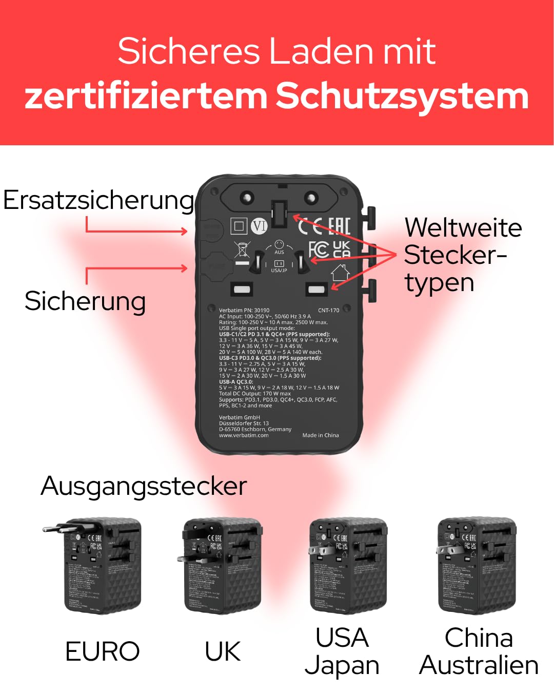 Verbatim GaN uniwersalny adapter podróżny 170 W, czarny, adapter do gniazdka i 3 x USB-C, 1 x USB-A, 2 x USA/JP, szybka ładowarka do laptopa, smartfona i wielu innych, do zastosowania na całym świecie