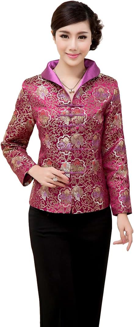 Women's Auspicious Golden Floral Purple Brocade Chinese Jacket - Image 4