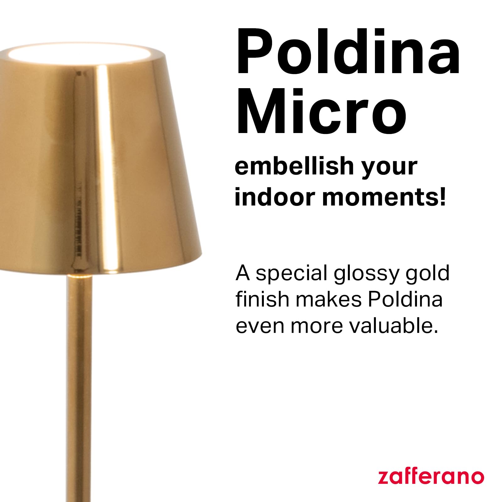 Zafferano, Poldina Micro Lamp with Glossy Gold Finish, Rechargeable Cordless Table Lamp with Touch Controls - Image 3