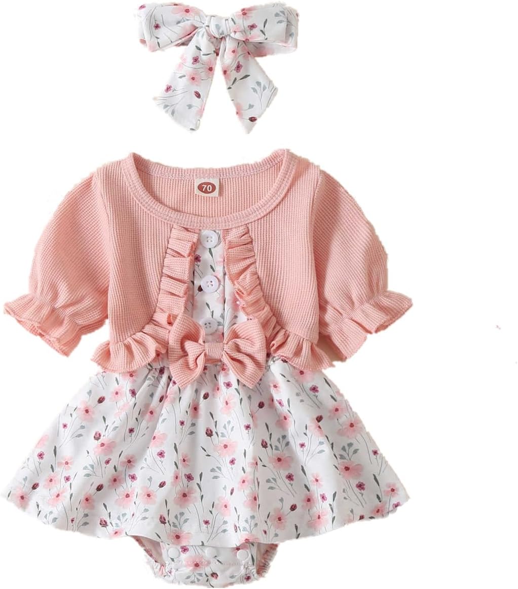 Newborn Baby Girl Romper Dresses Clothes Set Short Sleeve Floral Ruffle Bow Overall Bodysuit Onesie Floral Skirt Hem Outfit