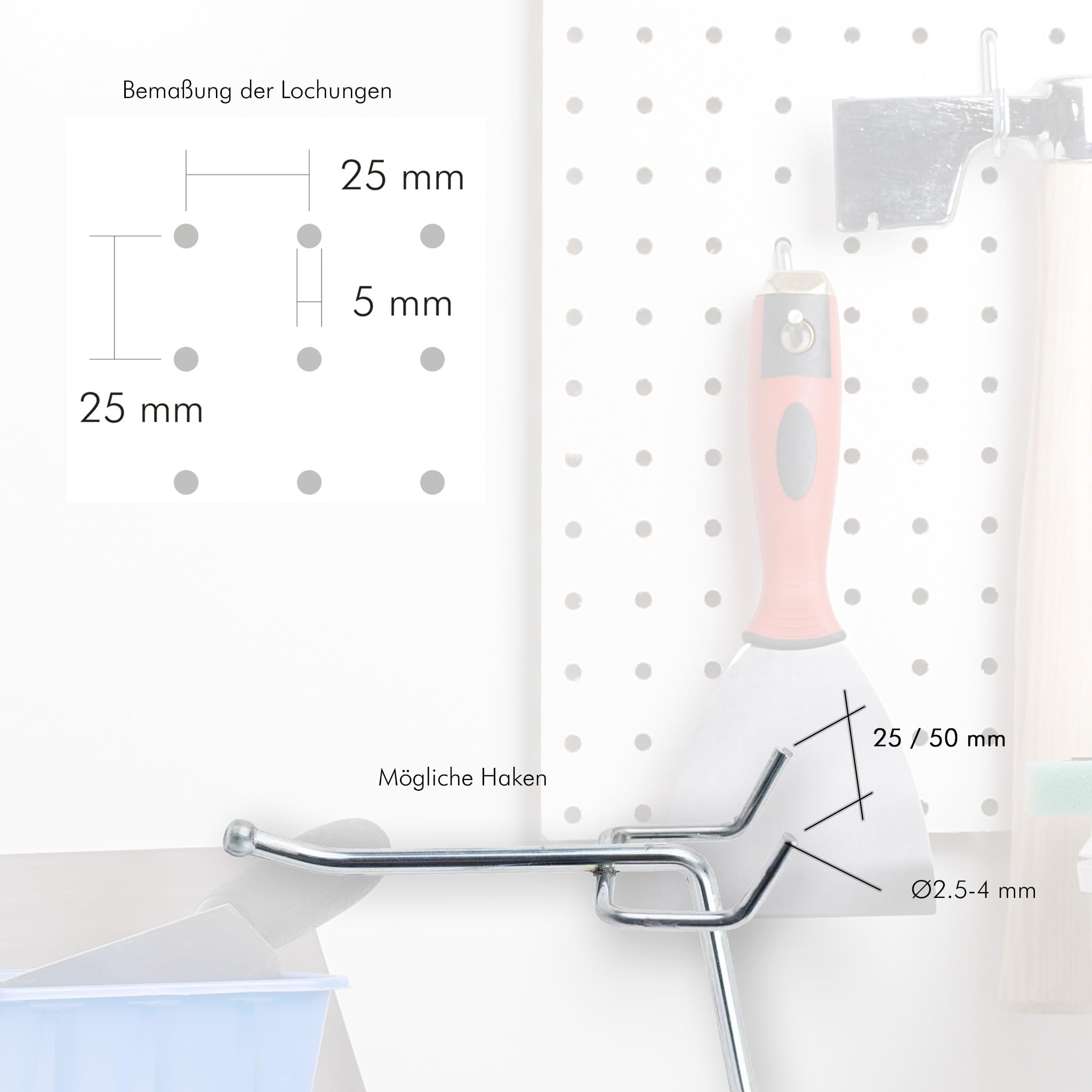 Peggy´s PEGBOARD mini ściana z otworami z drewna (MDF) 50 x 40 x 0,3 cm – otwory Ø 5 mm odstęp 25 mm – lakierowana na biało – Made in Germany