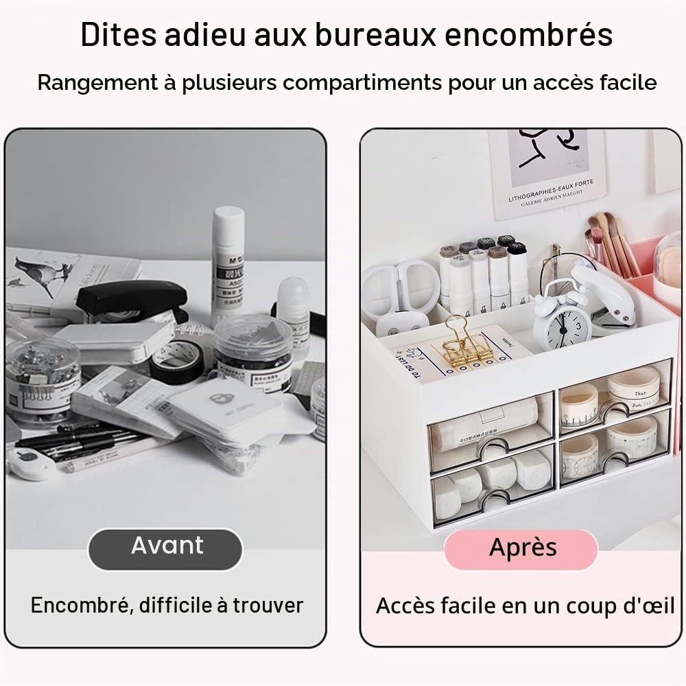 Organiseur de bureau, jolie boîte de rangement de maquillage avec 4 tiroirs et 4 compartiments, organiseur de bureau pour la maison, le bureau et l'école (blanc)