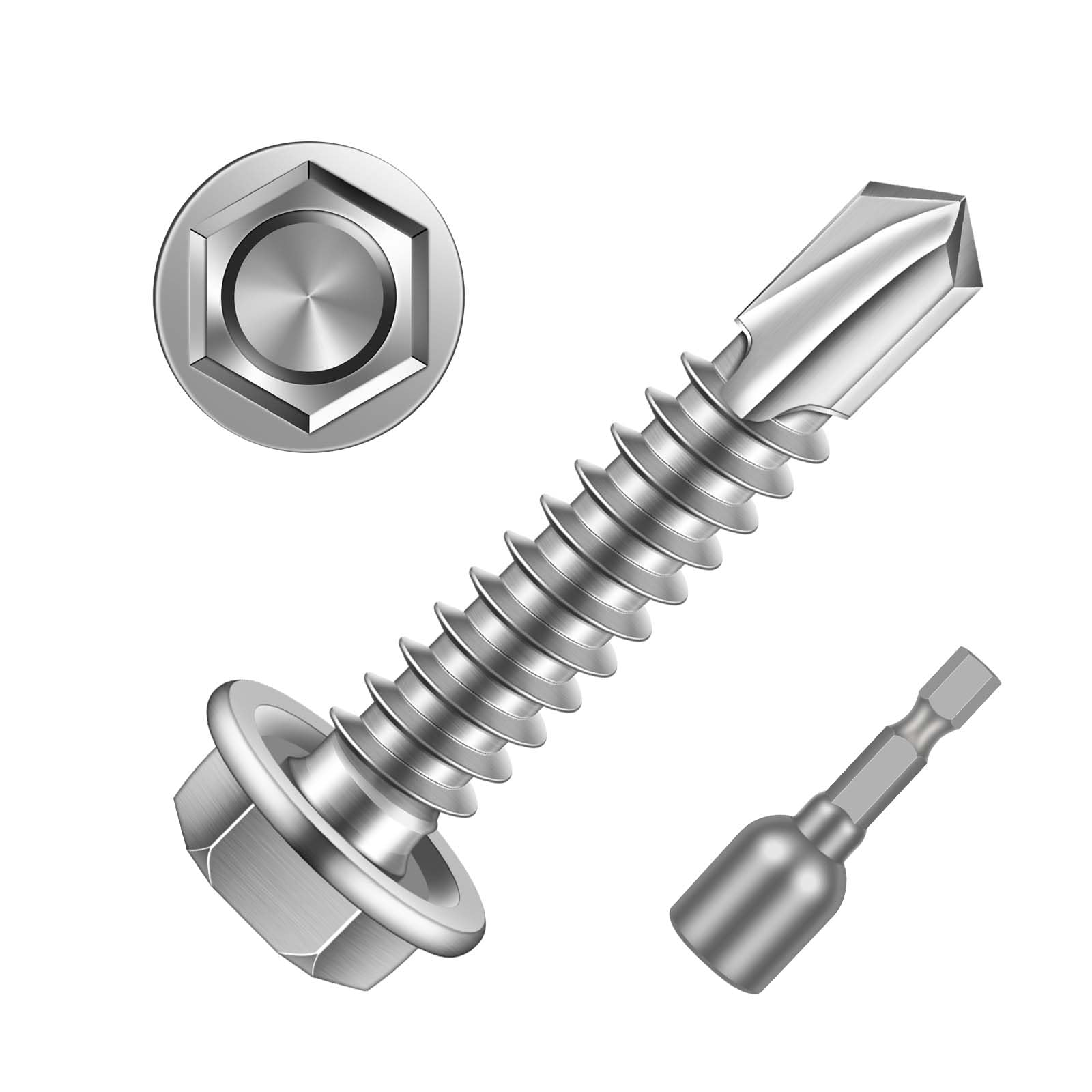 MewuDecor #12 x 1-1/4" Hex Washer Head Self Drilling Sheet Metal Screws with Drill Point, Stainless Steel 410, 100 PCS