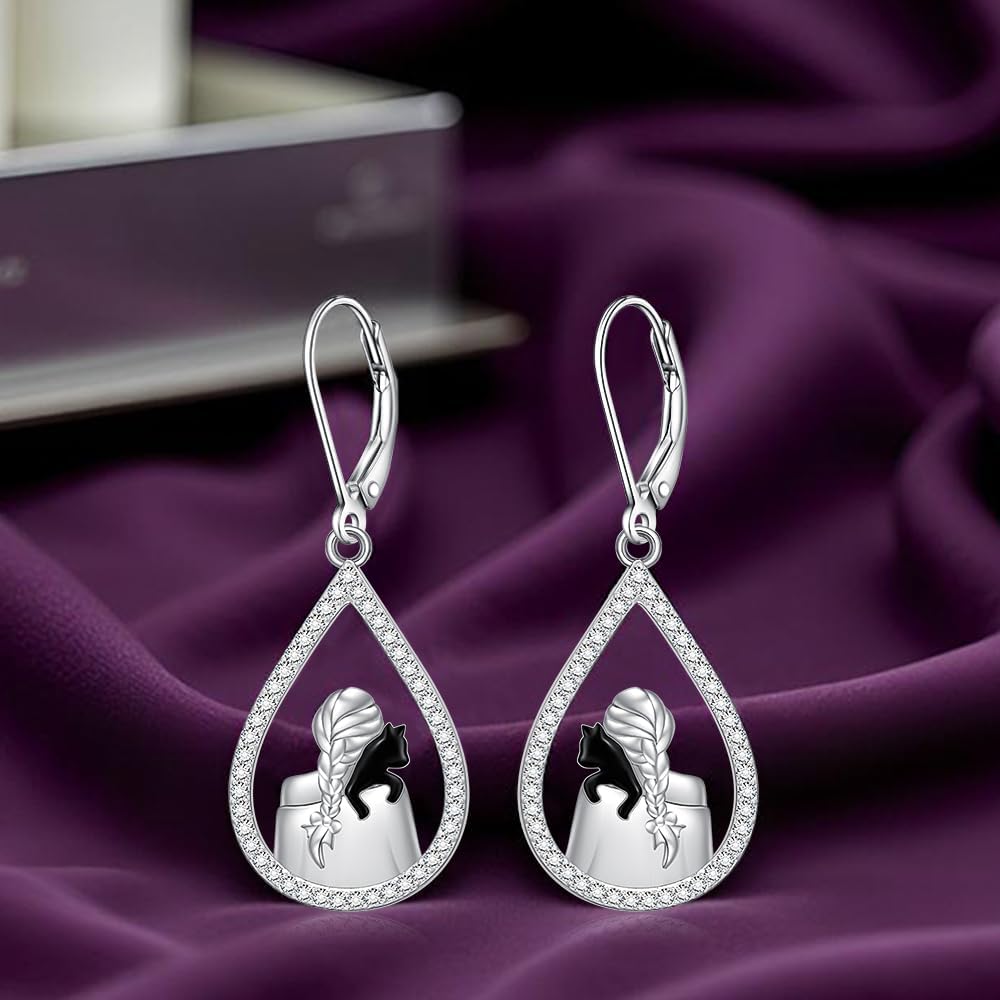 Black Cat Earrings for Women Dangle 925 Sterling Silver Halloween Black Lady Cat Teardrop Leverback Cute Earrings Jewelry Gifts - Image 8