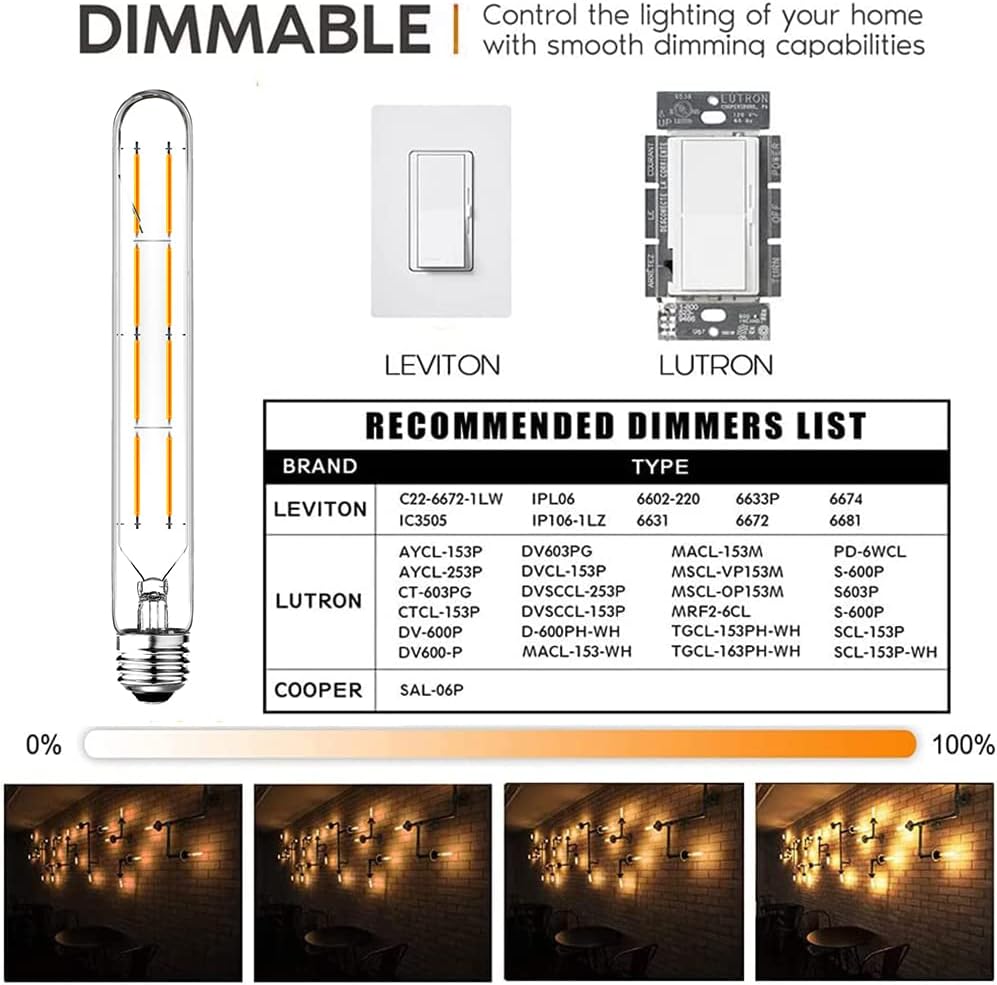 8.9inch E26 LED Bulbs 8W Dimmable E26 Tubular Light Bulb 2700K Warm White 75 Watt T10 Vintage Edison LED Filament Bulb 800lm E26 Base Long Tube Bulb,Pack of 4