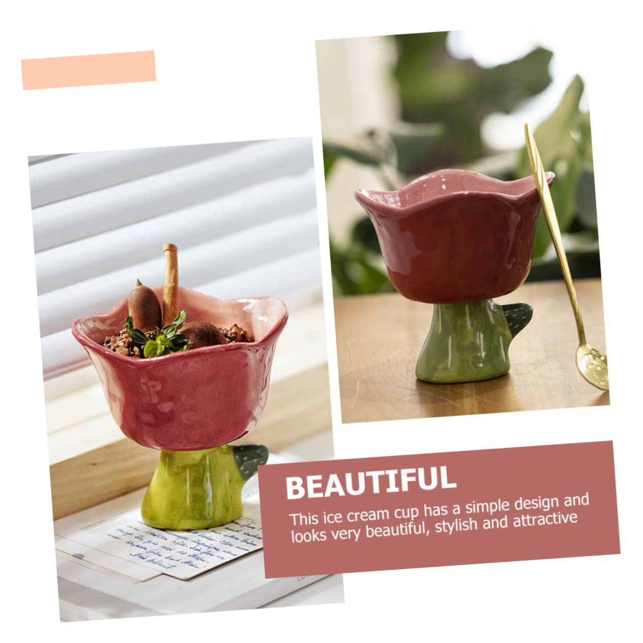 Alipis Coppa Dessert in Ceramica a Forma di Tulipano Rossa, Semplice e Decorativa, per Gelato e Dolci, Adatta a Tavola e Decorazione